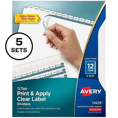 Index Maker Easy Apply Label Tabs at Once  
ABS Coors INORO 5 SETS  
Laser | Inkjet  
LES CHARTS CATES MORO  
Customizable clear labels for a printed-on look  
Durable reinforced holes  
AVERY 11429  
Free Easy-To-Use Avery Templates  
avery.com/print