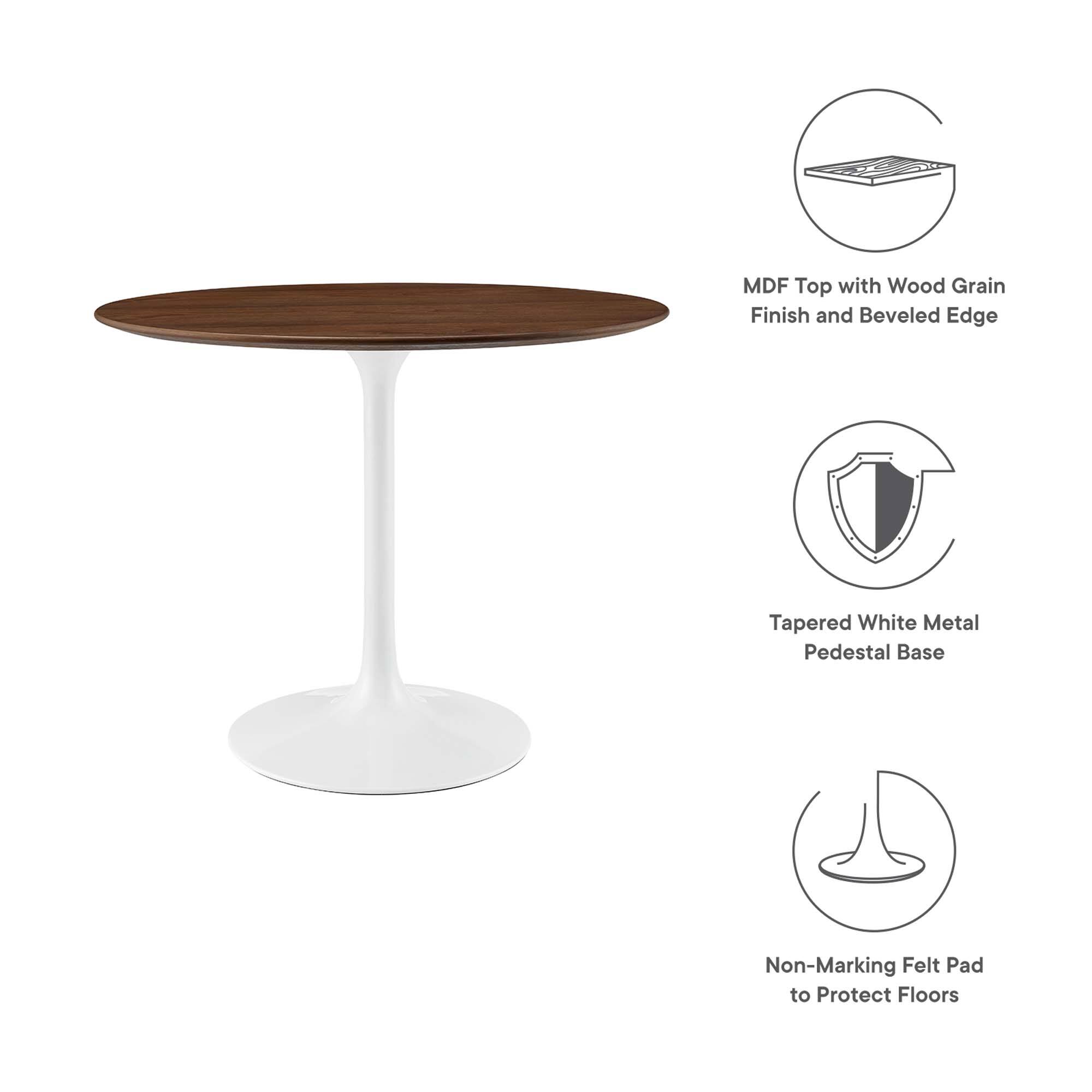 MDF Top with Wood Grain Finish and Beveled Edge  
Tapered White Metal Pedestal Base  
Non-Marking Felt Pad to Protect Floors