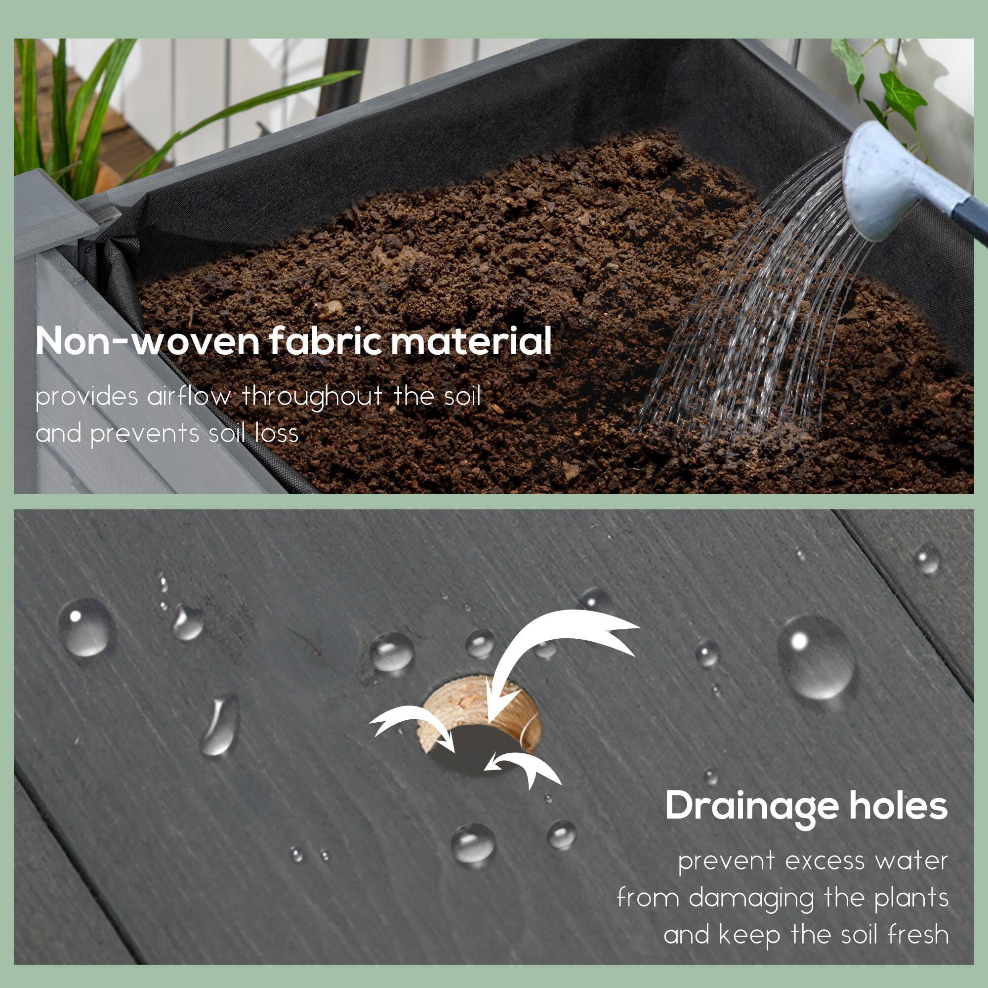 Non-woven fabric material  
provides airflow throughout the soil and prevents soil loss

Drainage holes  
prevent excess water from damaging the plants and keep the soil fresh