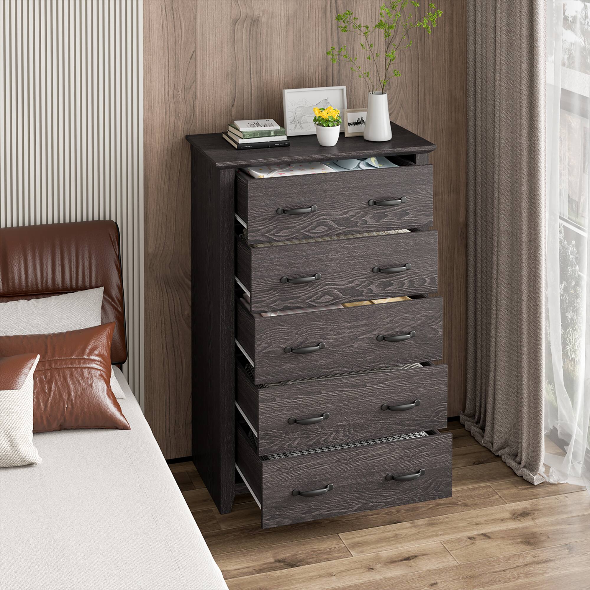 Alt View 4. Costway - Costway 5 Drawer Chest Storage Dresser Tall Cabinet Organizer Bedroom Hallway - Dark Grey.