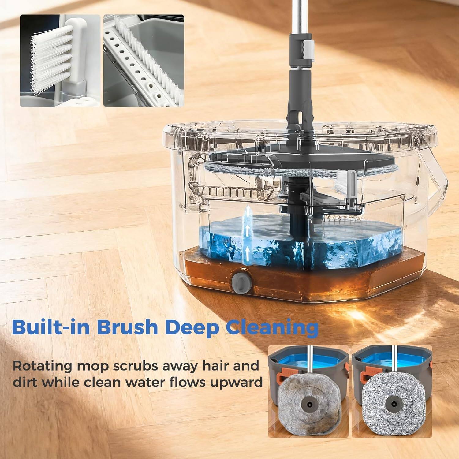 Built-in Brush Deep Cleaning

Rotating mop scrubs away hair and dirt while clean water flows upward