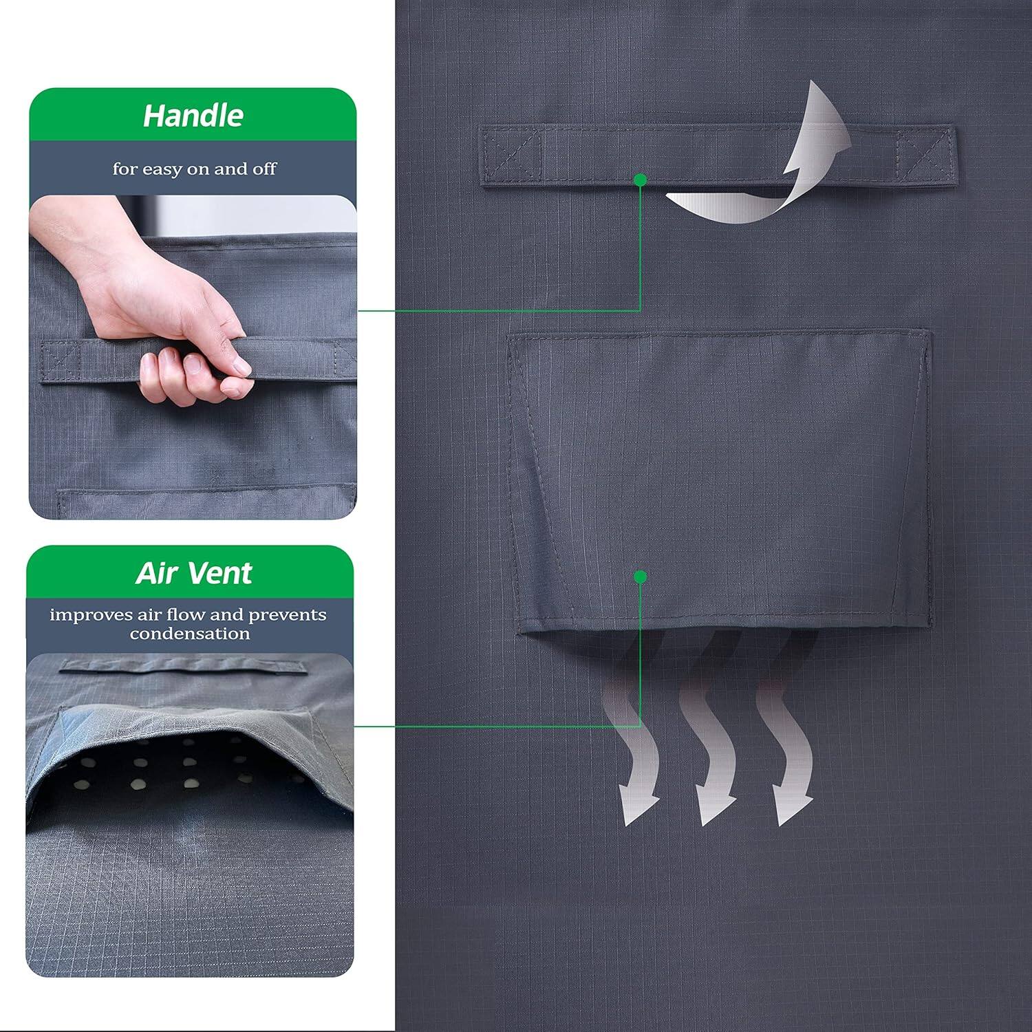Handle  
for easy on and off  

Air Vent  
improves air flow and prevents condensation
