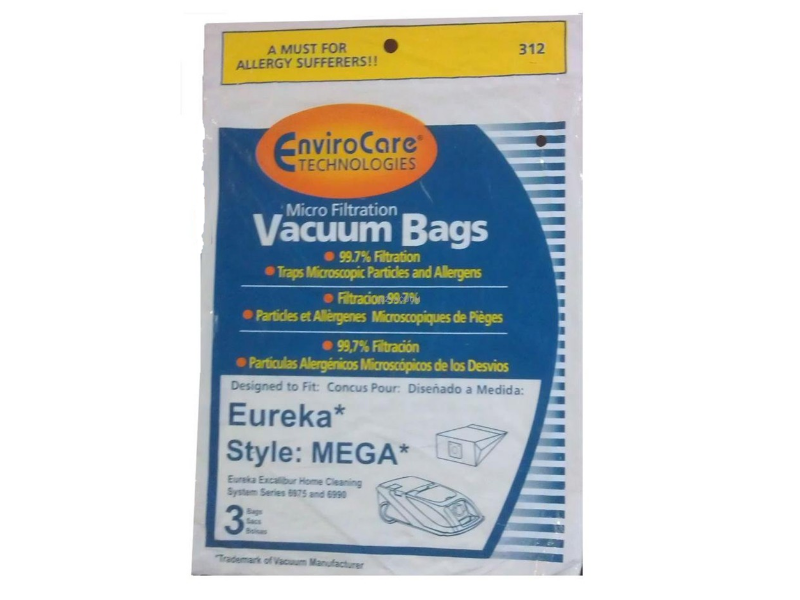 A MUST FOR ALLERGY SUFFERERS!!  
312 EnviroCare TECHNOLOGIES Micro Filtration Vacuum Bags  
99.7% Filtration Traps Microscopic Particles and Allergens  
Filtracion-99.7% Particles et Allergenes Microscopiques de Piges  
99,7% Filtracin Particulas Alergnicos Microscpicos de los Desvios  
Designed to Fit: Concus Pour: Diseado a Medida:  
Eureka* Style: MEGA*  
Eureka Excalibur Home Cleaning System Series 8975 and 6990  
Sags 3  
Trademark of Vacuum Manufacturer