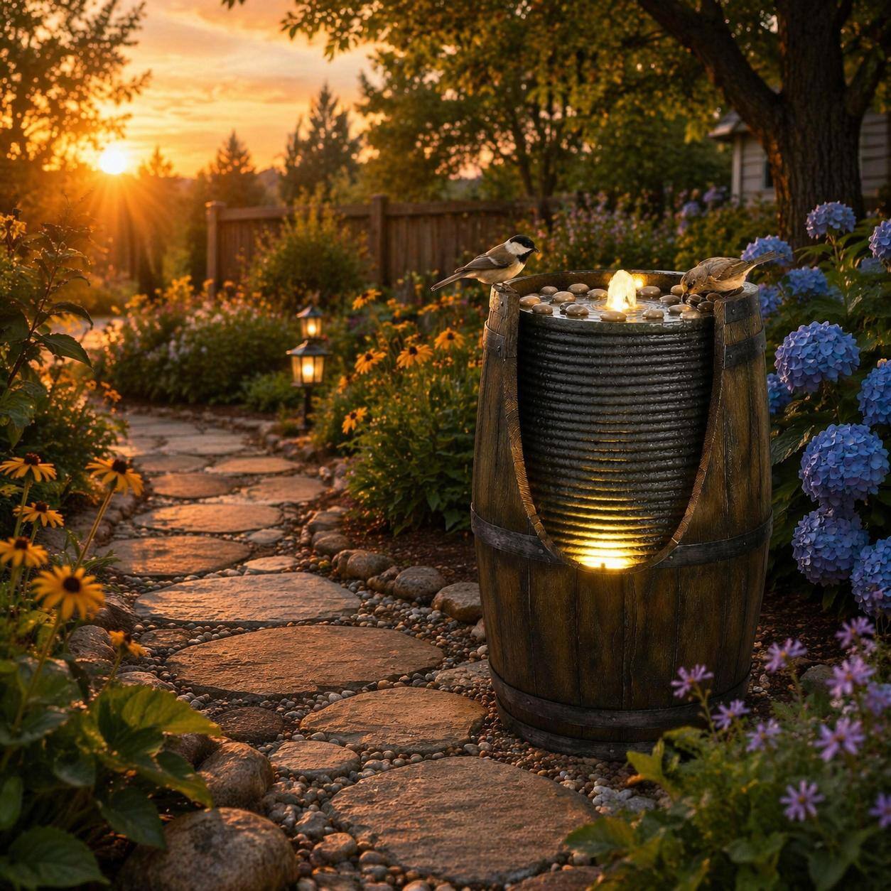 Alt View 2. RYHNUYNE - Outdoor Water Fountain with Bird Waterer Rustic Barrel Garden Fountain with LED Lights and Pump Faux.
