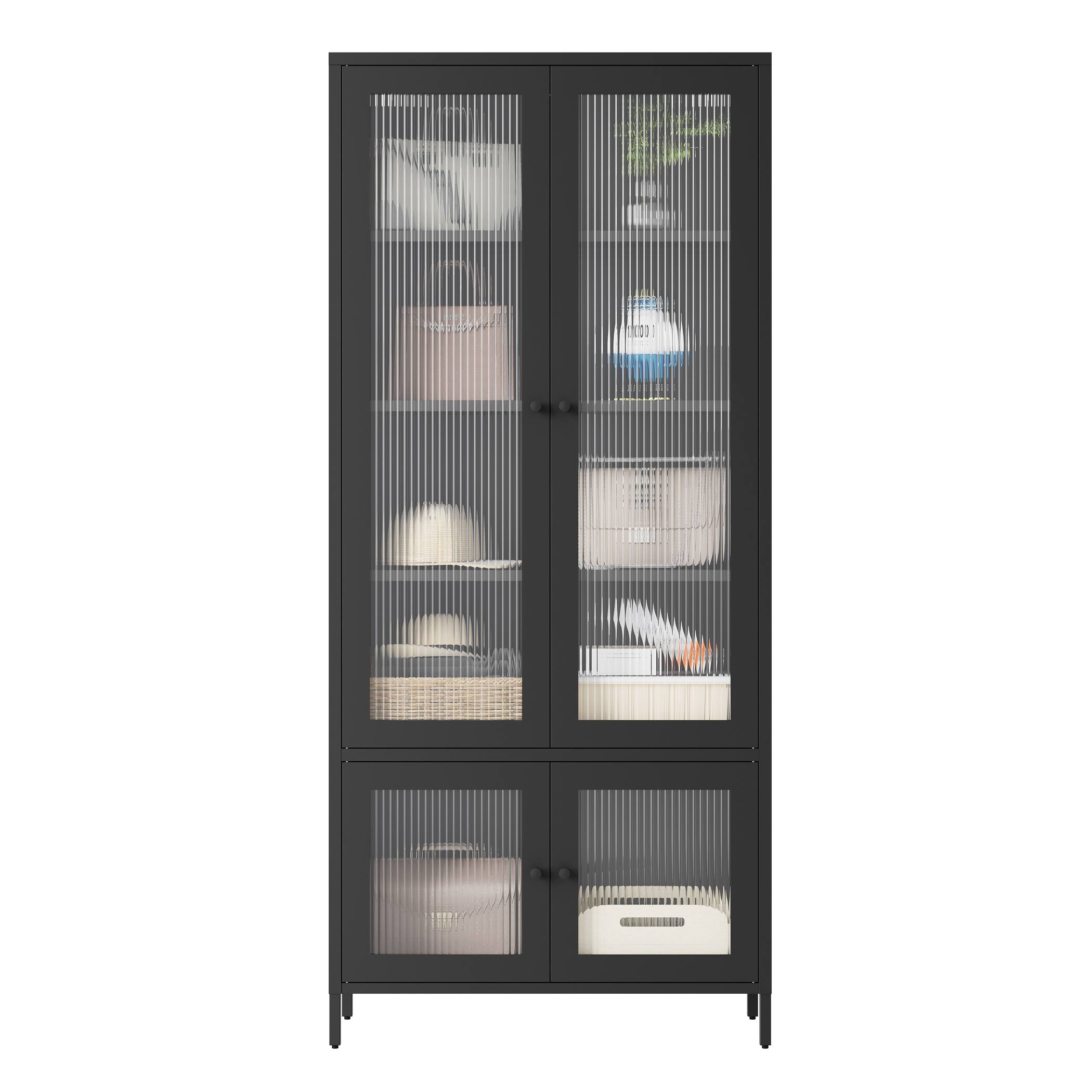 Alt View 2. GOODSILO - Large Metal Display Cabinet - Fluted Glass Doors, 5 Shelves, Black - Black.