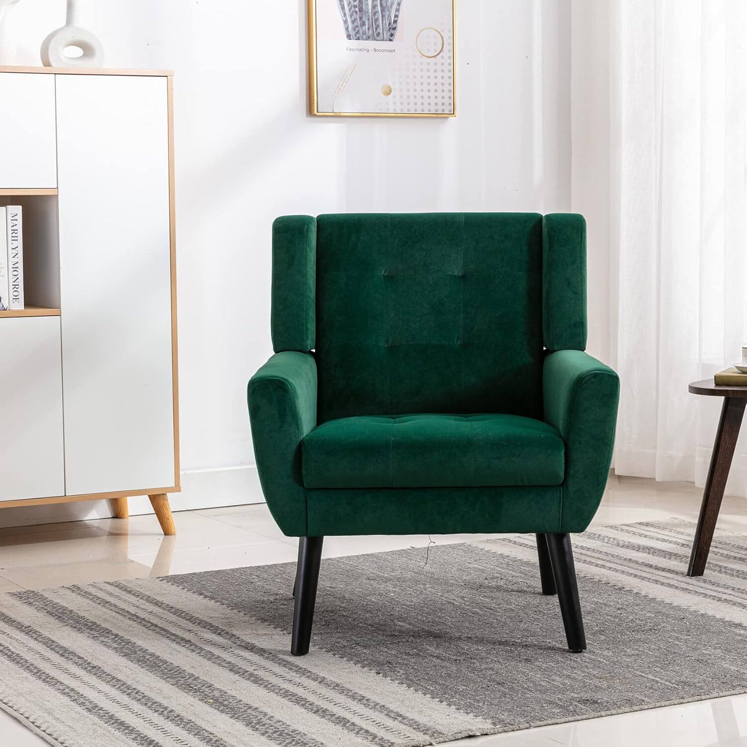 Trinkets Crazed - Modern Soft Velvet Material Ergonomics Accent Chair With Black Legs - retro green