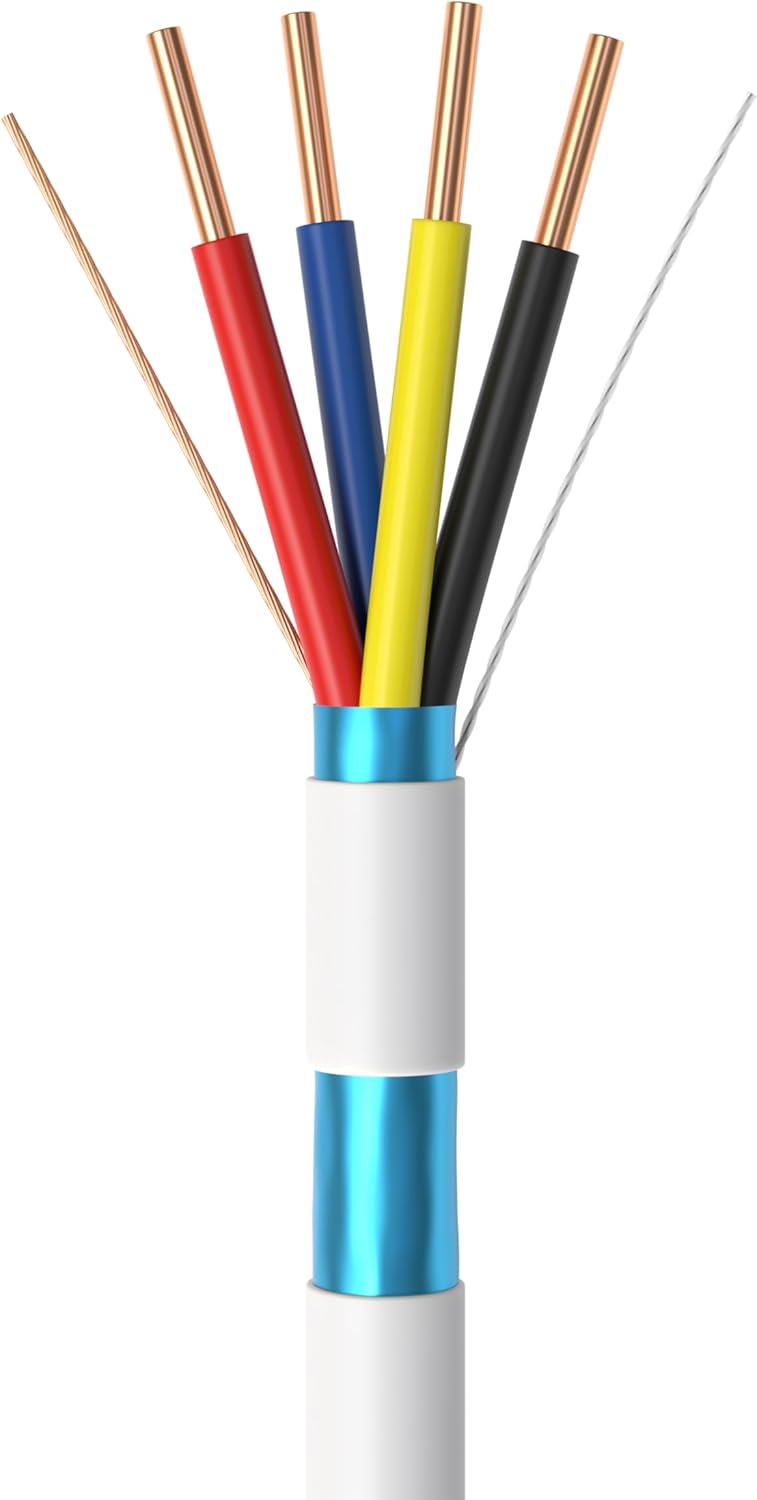 Angle. Cables Direct Online - 500ft 22/4 Solid CCA Shielded Alarm Cable, 22AWG 4 Conductor Wire for Security, Fire, Doorbell Systems - White.