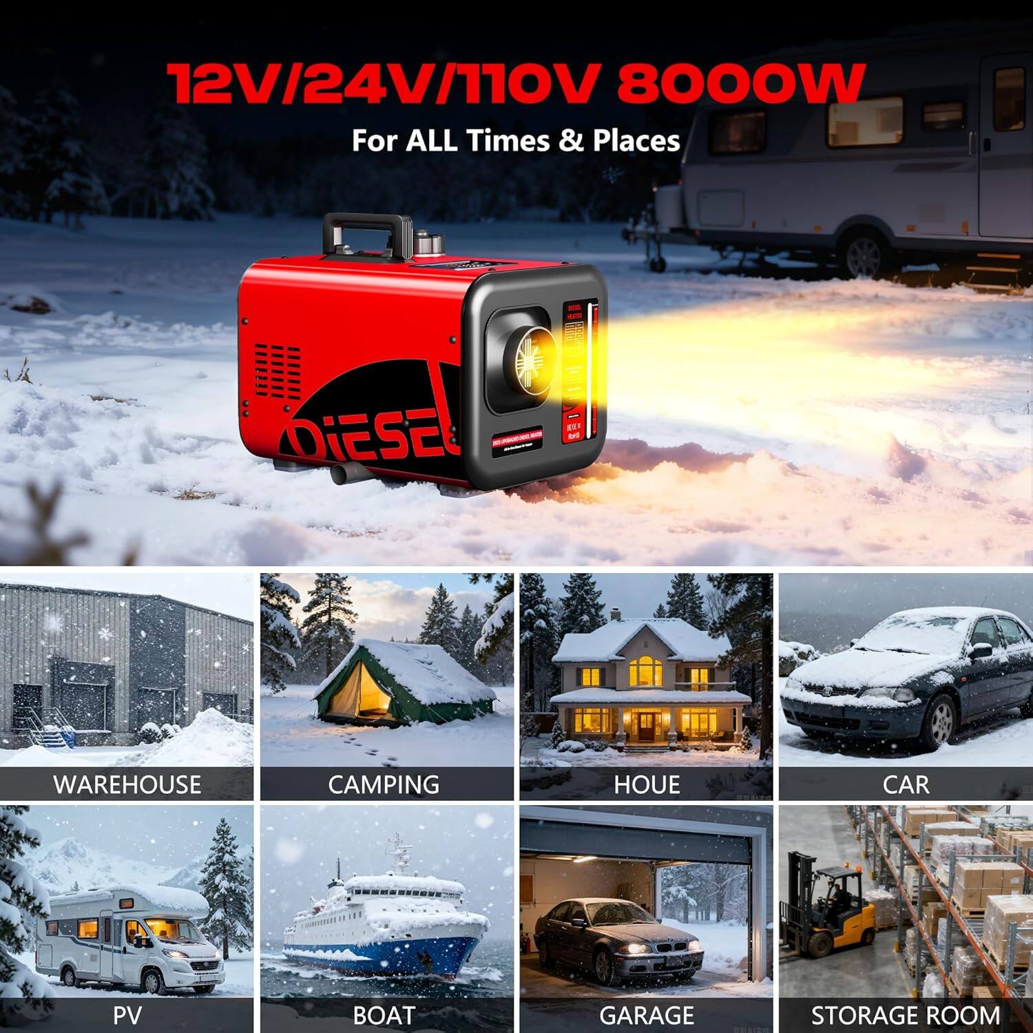12V/24V/110V 8000W For ALL Times & Places

DIESEL - RE - WAREHOUSE CAMPING HOUSE CAR PV BOAT GARAGE STORAGE ROOM