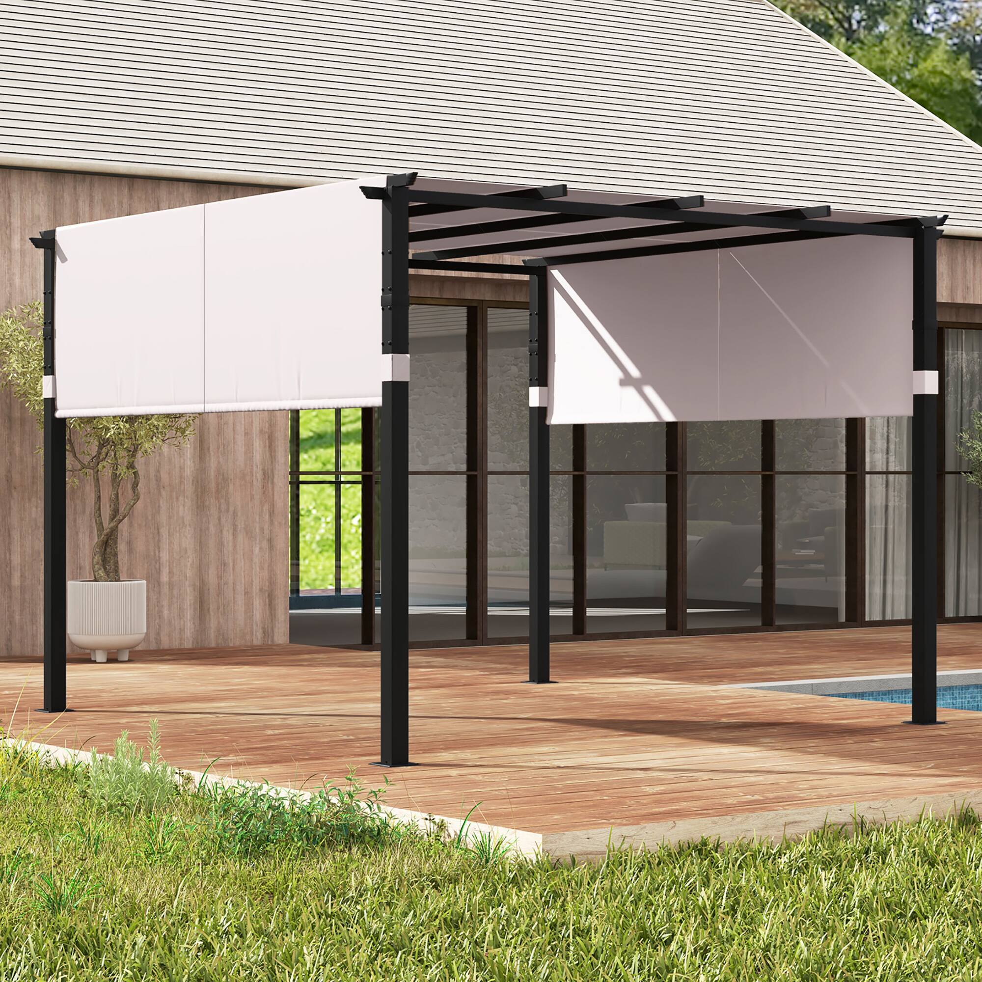 Alt View 3. Gymax - Gymax 10 x 10 ft Flat Top Pergola w/ Retractable Canopy Outdoor Grill Gazebo Gray - Gray.