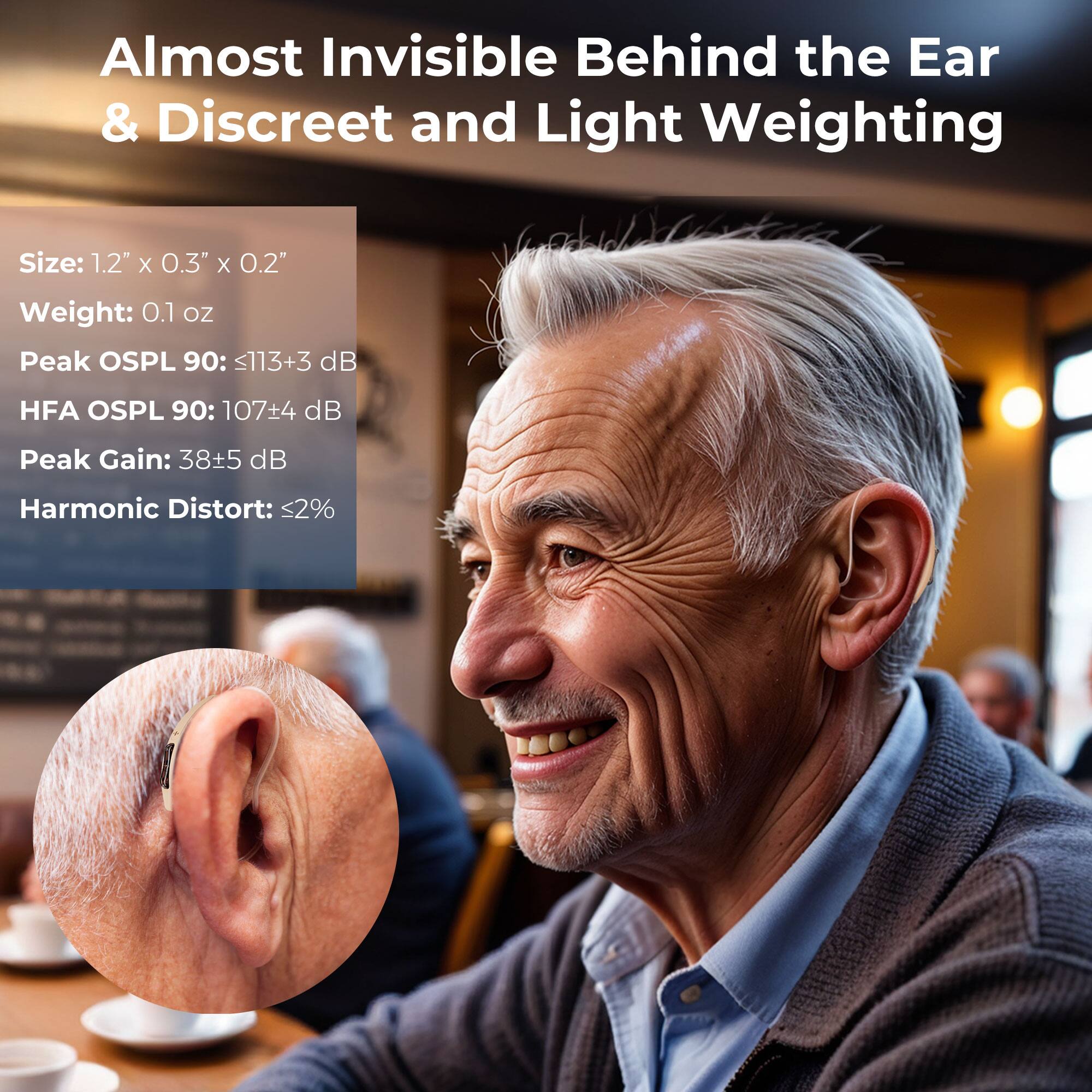 Almost Invisible Behind the Ear & Discreet and Light Weighting

Size: 1.2" X 0.3" X 0.2"  
Weight: 0.1 OZ  
Peak OSPL 90: <113+3 dB  
HFA OSPL 90: 107±4 dB  
Peak Gain: 38±5 dB  
Harmonic Distort: <2%