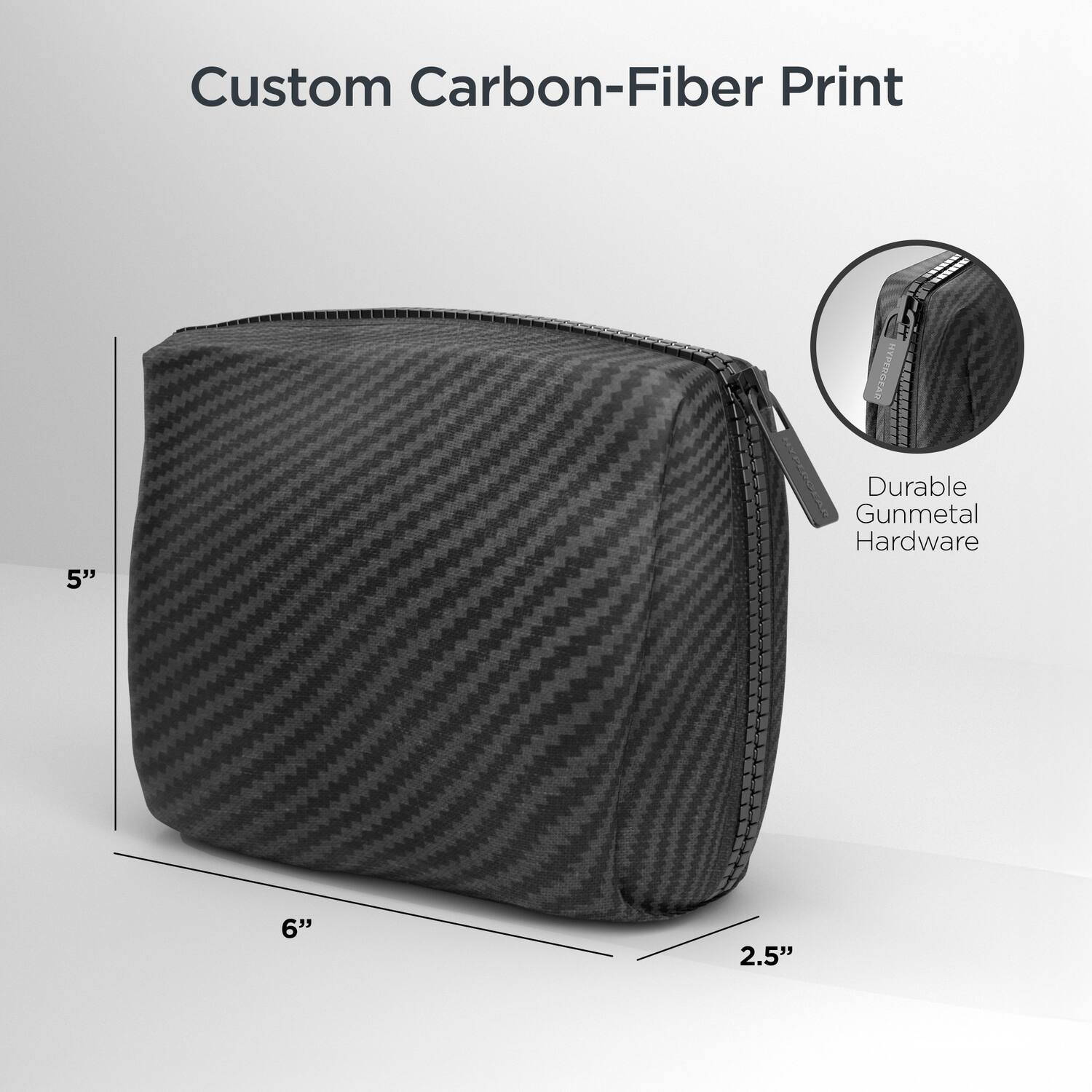 Custom Carbon-Fiber Print  
Durable Gunmetal Hardware  
5" x 6" x 2.5"