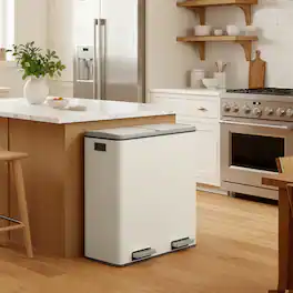 Songmics Home - Trash Can, 2 x 8 Gallon (2 x 30 L) Garbage Can for Kitchen, with 15 Trash Bags, 2 Compartments - Almond Color