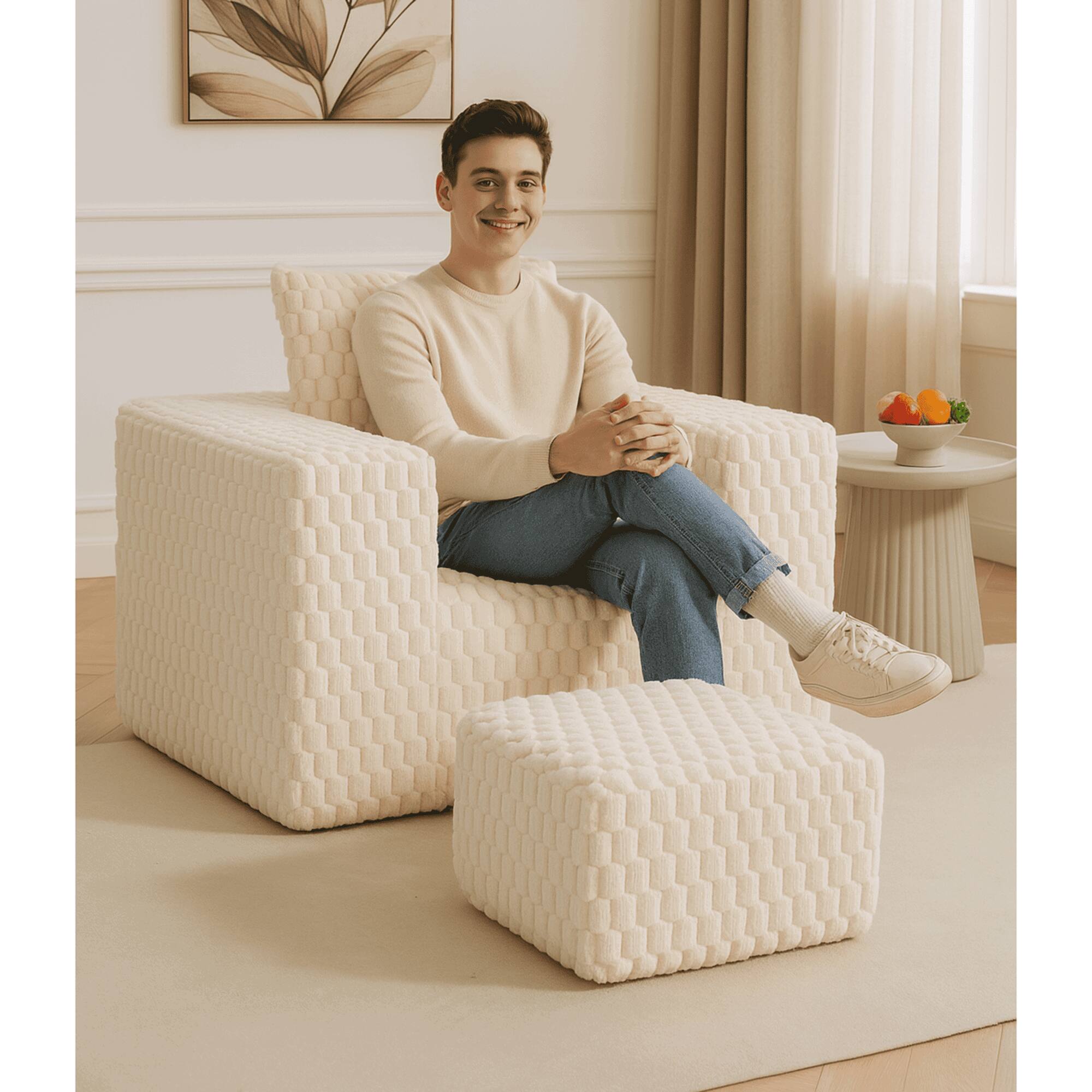 Alt View 2. Kadyn - Oversized Single Sofa with Ottoman, Reading Sofa Couch, Deep Seat Cloud Couch with Ottoman for Living Room Corduroy - White.