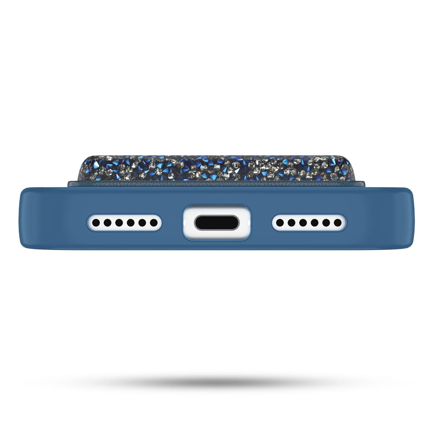 The image shows a blue smartphone case with a glittery blue top. The case has a cutout for the camera and flash, as well as speaker holes on both sides.