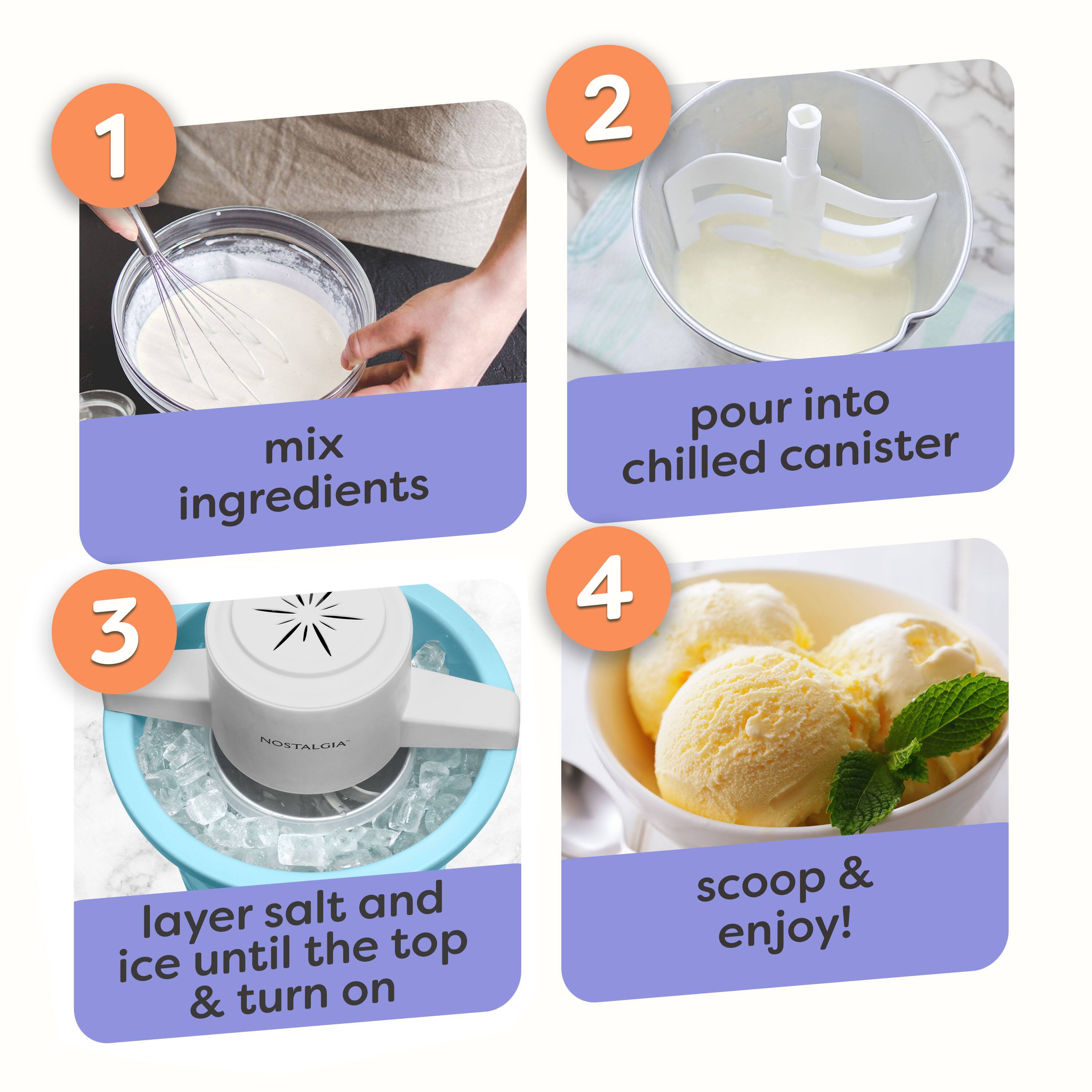 1. Mix ingredients
2. Pour into chilled canister
3. Layer salt and ice until the top & turn on
4. Scoop & enjoy!