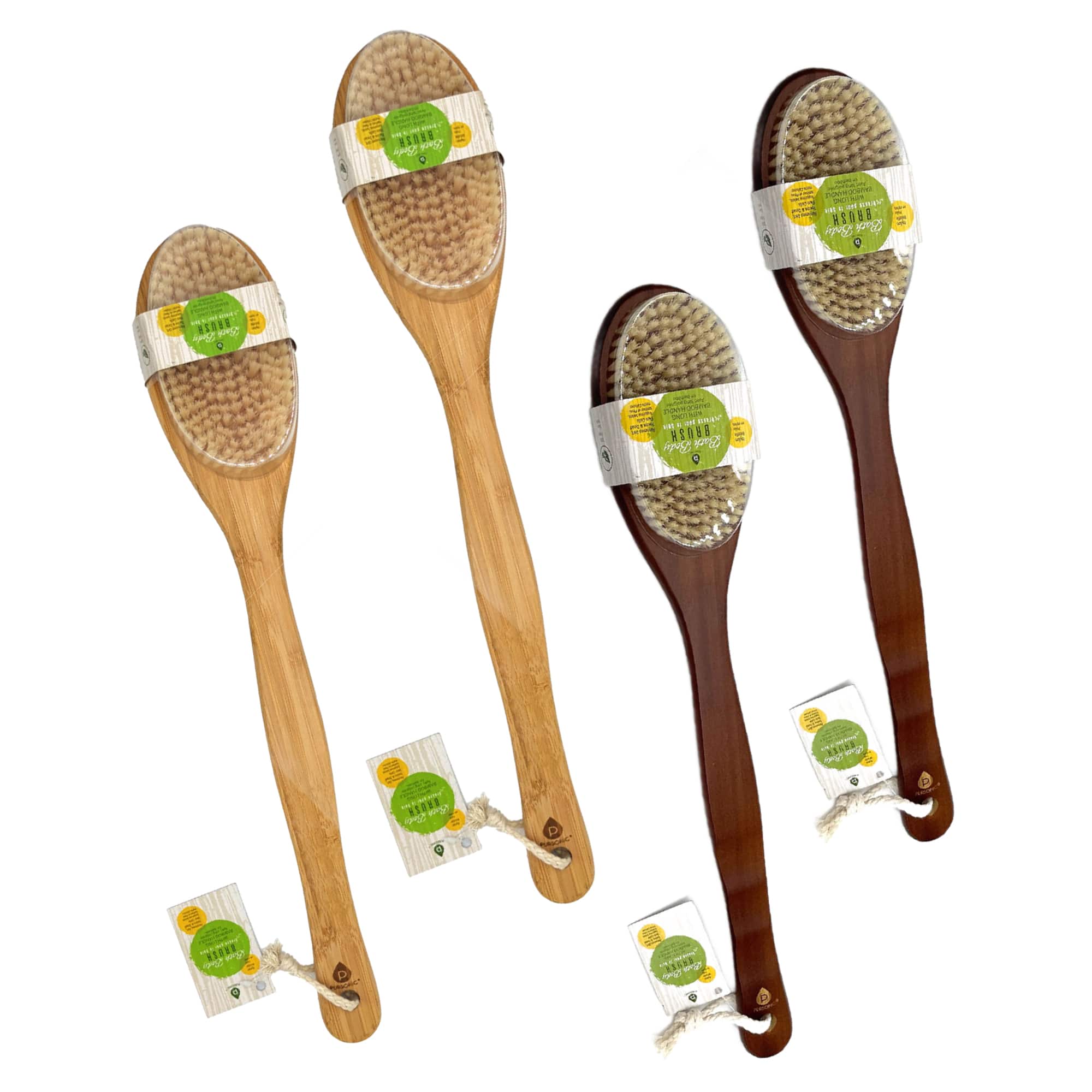 Pursonic - Bath Body Brush With Long Bamboo Handle 4-Piece Family Pack (2 Natural Color and 2 Dark Wood) - Multicolor