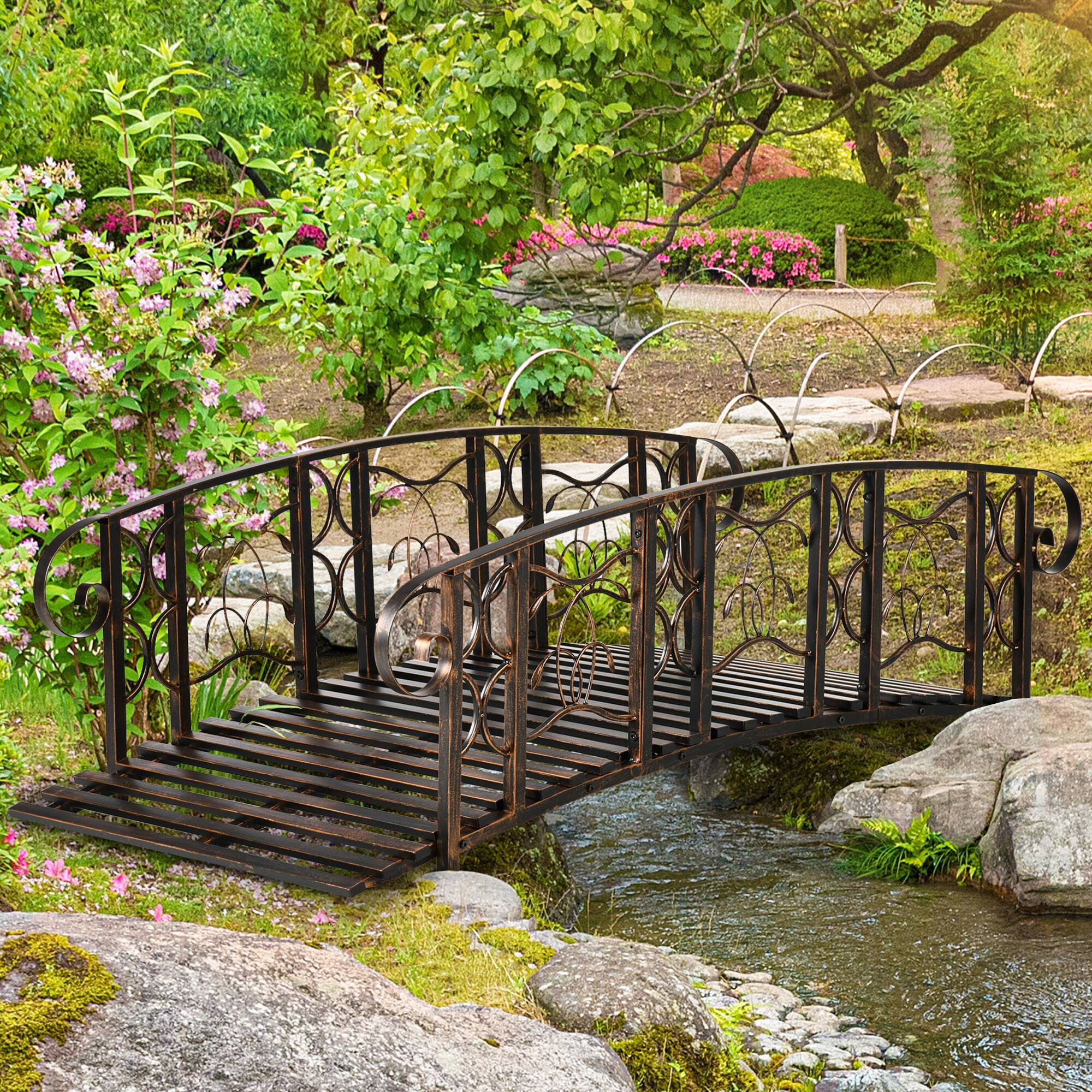 Alt View 1. Outsunny - 6' Metal Arch Backyard Garden Bridge with 660 lbs. Weight Capacity, Safety Siderails, Vine Motifs - Brown.