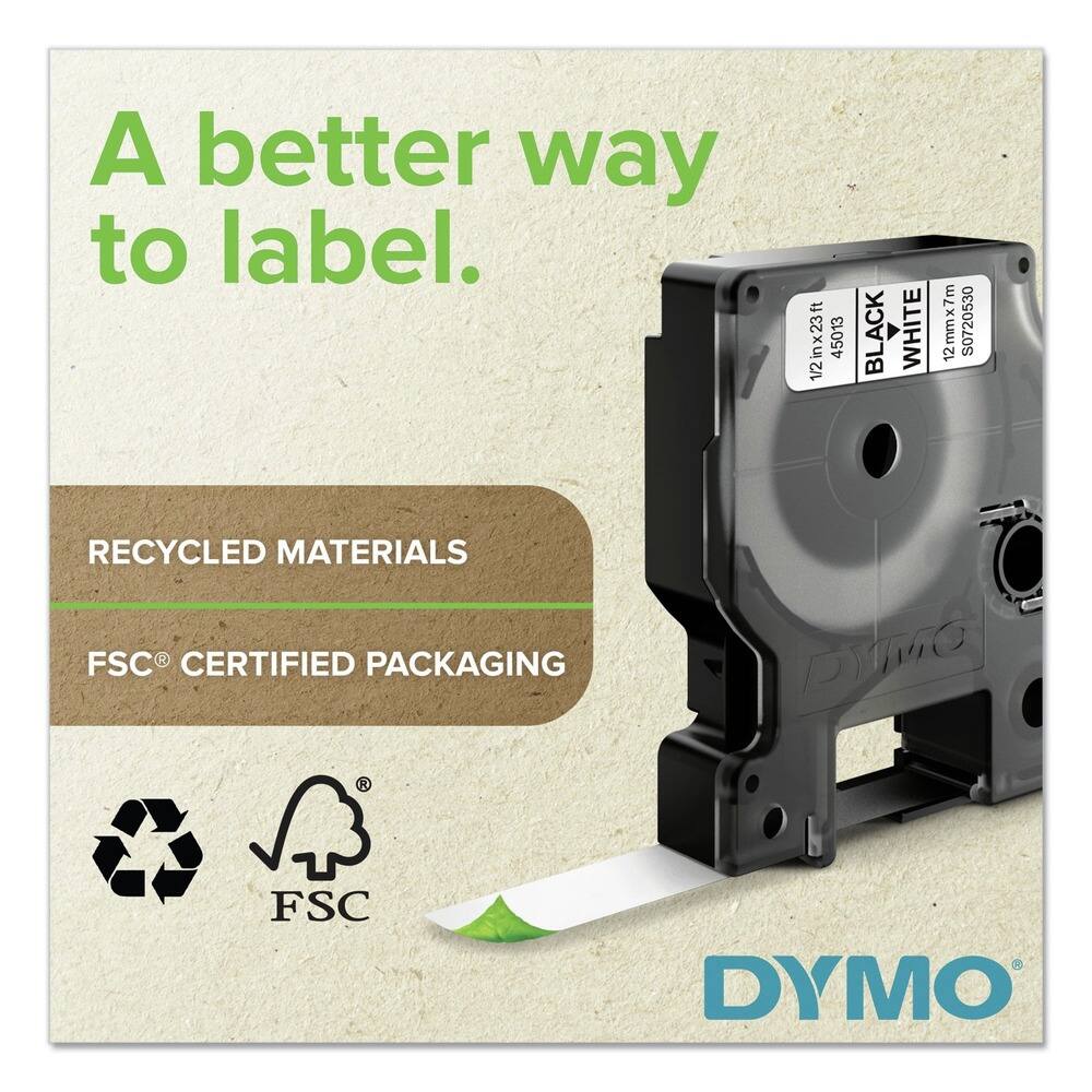 A better way to label.

RECYCLED MATERIALS

FSC® CERTIFIED PACKAGING

1/2 in x 23 ft 45013 BLACK WHITE 12 12mm x 7m S0720530

DYMO