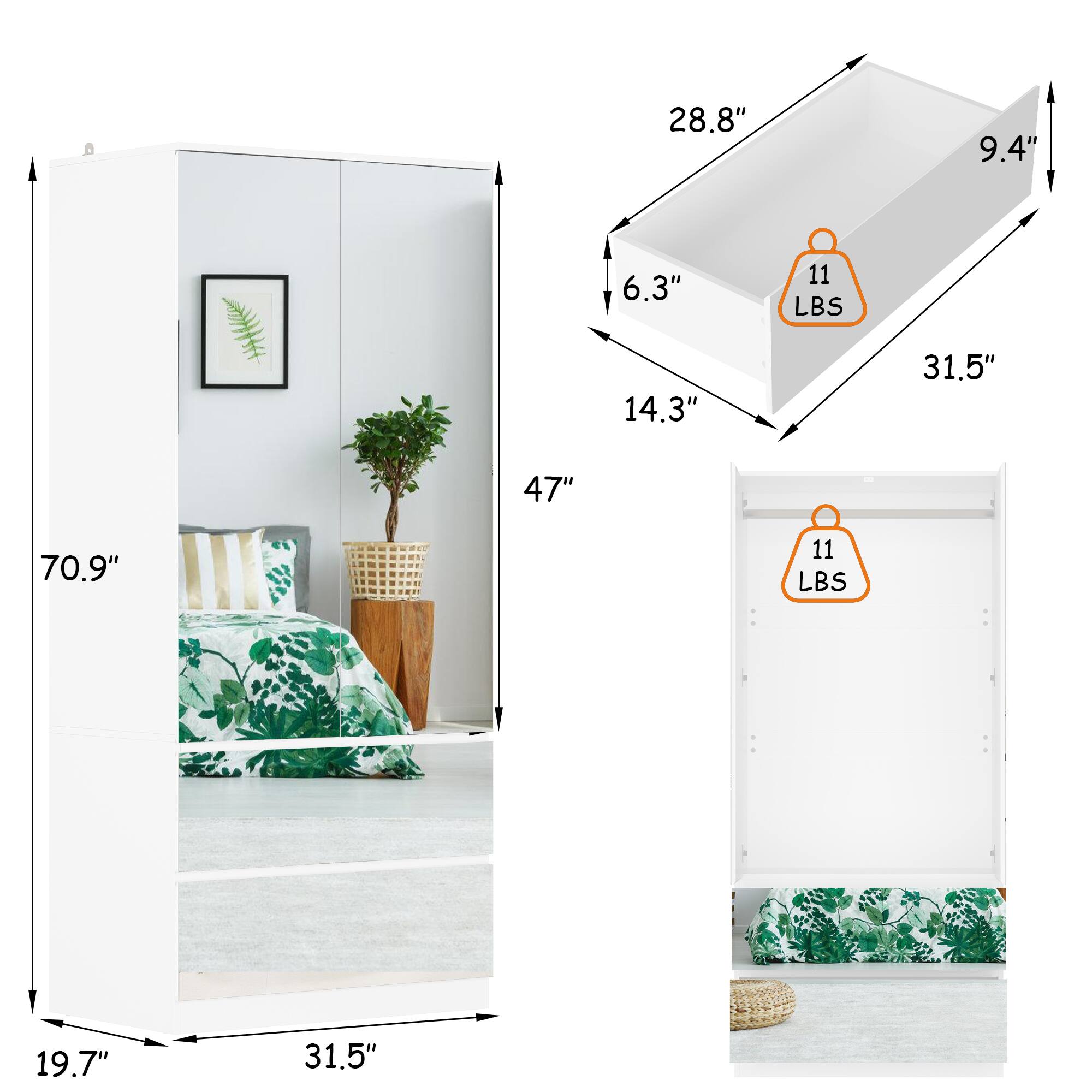 28.8" x 9.4" x 6.3" (11 LBS)  
14.3" x 31.5" x 47"  
70.9" x 19.7" x 31.5" (11 LBS)