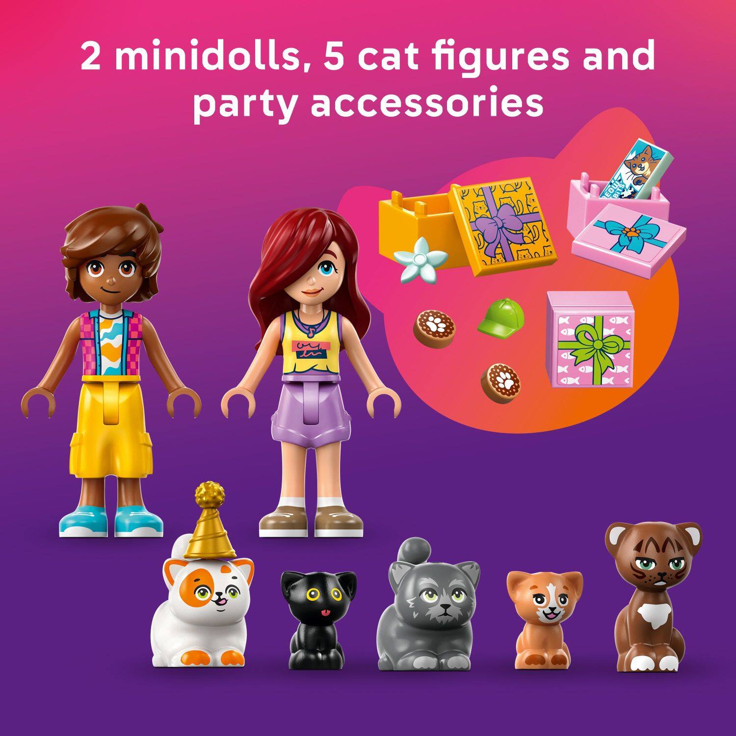 2 minidolls, 5 cat figures and party accessories