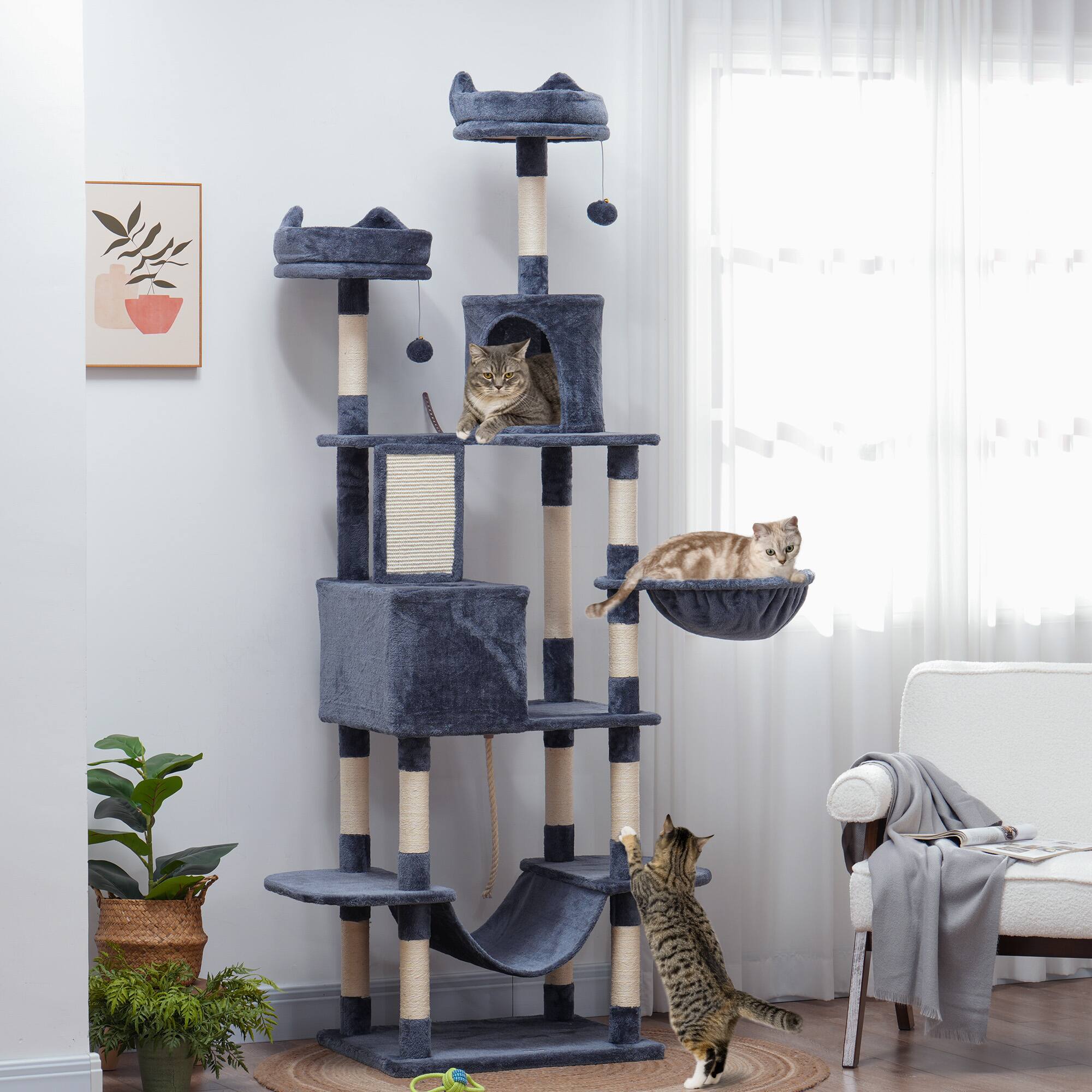 Alt View 1. Pawhut - Cat Tree w/ Cat Scratching Posts, Scratching Board, Condos, Beds, Hammocks, Toy Balls - Dark Gray.