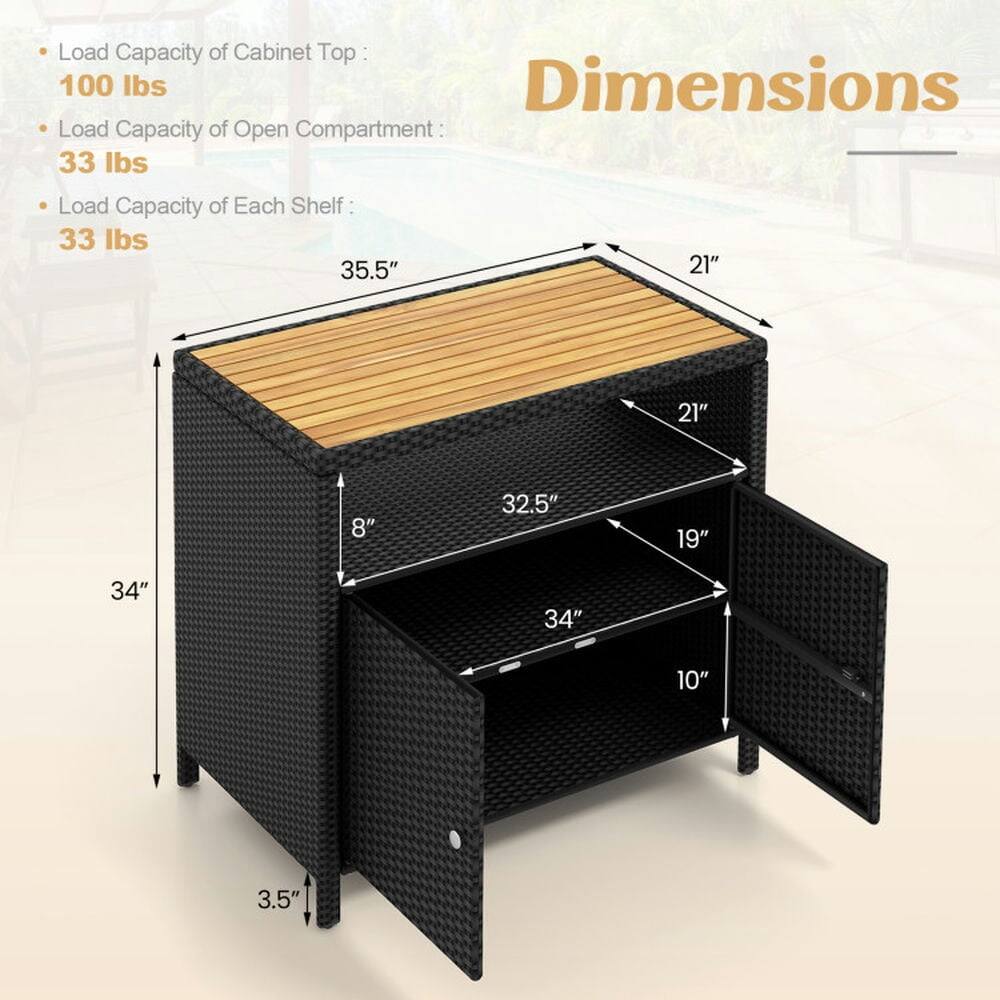 Load Capacity of Cabinet Top: 100 lbs  
Load Capacity of Open Compartment: 33 lbs  
Load Capacity of Each Shelf: 33 lbs  

Dimensions:  
- 35.5" x 21" x 8"  
- 32.5" x 19" x 10"  
- 34" x 34" x 3.5"