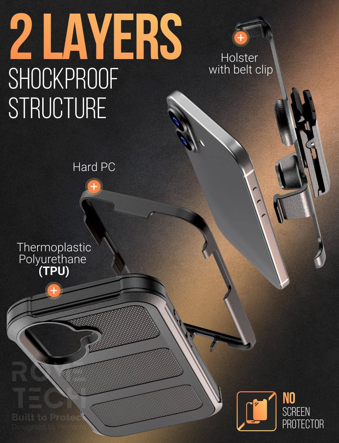 2 LAYERS  
SHOCKPROOF STRUCTURE  
Holster with belt clip  
Hard PC  
Thermoplastic Polyurethane (TPU)  
Built to Protect  
Designed to Perform  
NO SCREEN PROTECTOR