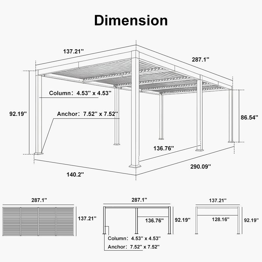 Dimension  
137.21"  
287.1"  
Column: 4.53" x 4.53"  
Anchor: 7.52" x 7.52"  
92.19"  
86.54"  
136.76"  
140.2"  
290.09"  
137.21"  
137.21"  
136.76"  
92.19"  
128.16"  
92.19"