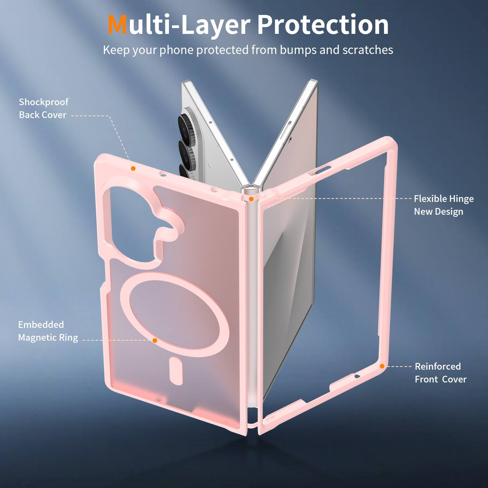 Multi-Layer Protection  
Keep your phone protected from bumps and scratches  

- Shockproof Back Cover  
- Flexible Hinge New Design  
- Embedded Magnetic Ring  
- Reinforced Front Cover