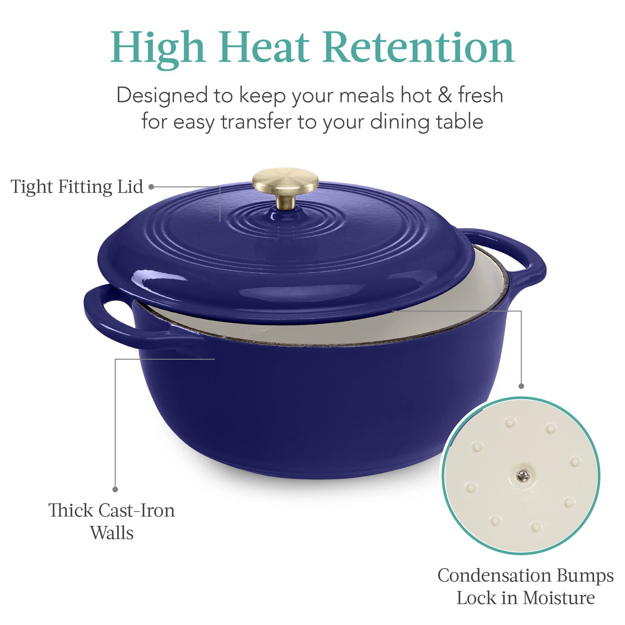 High Heat Retention  
Designed to keep your meals hot & fresh for easy transfer to your dining table  

- Tight Fitting Lid  
- Thick Cast-Iron Walls  
- Condensation Bumps Lock in Moisture