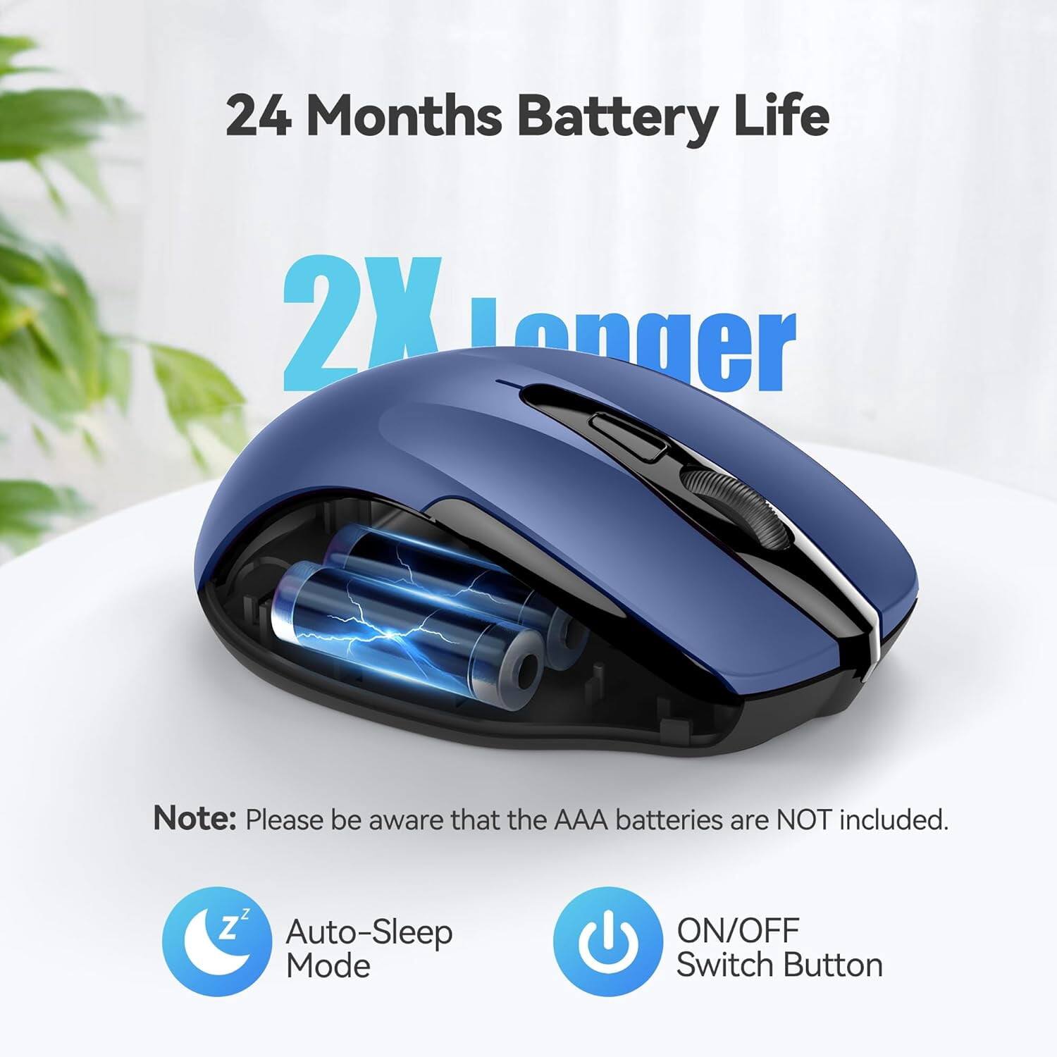 24 Months Battery Life  
2X Longer  
Note: Please be aware that the AAA batteries are NOT included.  
ZZ Auto-Sleep Mode  
ON/OFF Switch Button