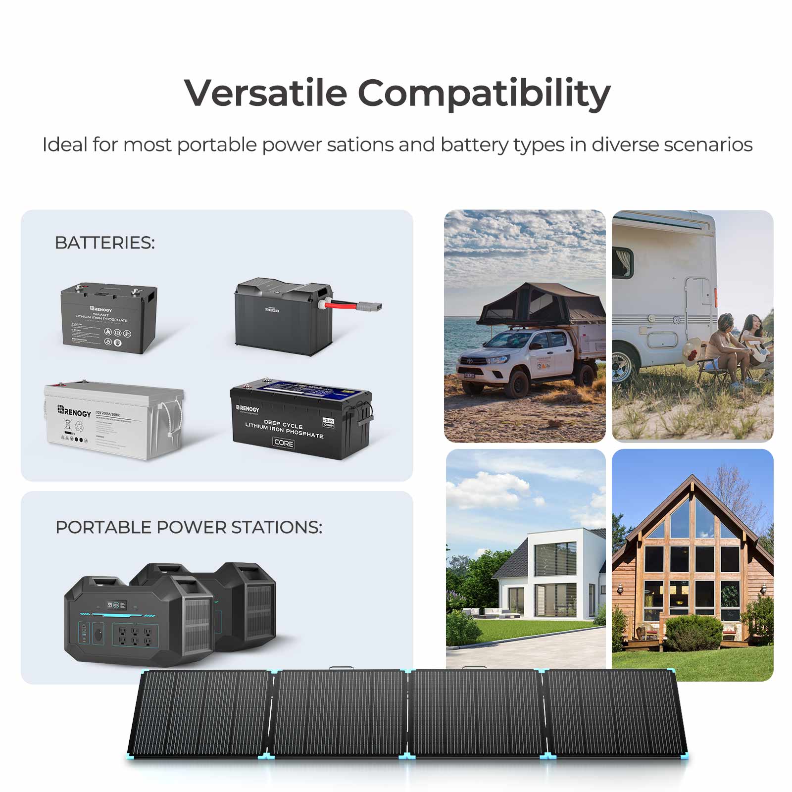 Versatile Compatibility: Ideal for most portable power stations and battery types in diverse scenarios.

BATTERIES:
- Lithium Iron Phosphate Core
- Deep Cycle

PORTABLE POWER STATIONS:
- BaENOGY OH DEEP S UTHIUM IN ON CYCLE PHOSRHATE CORE