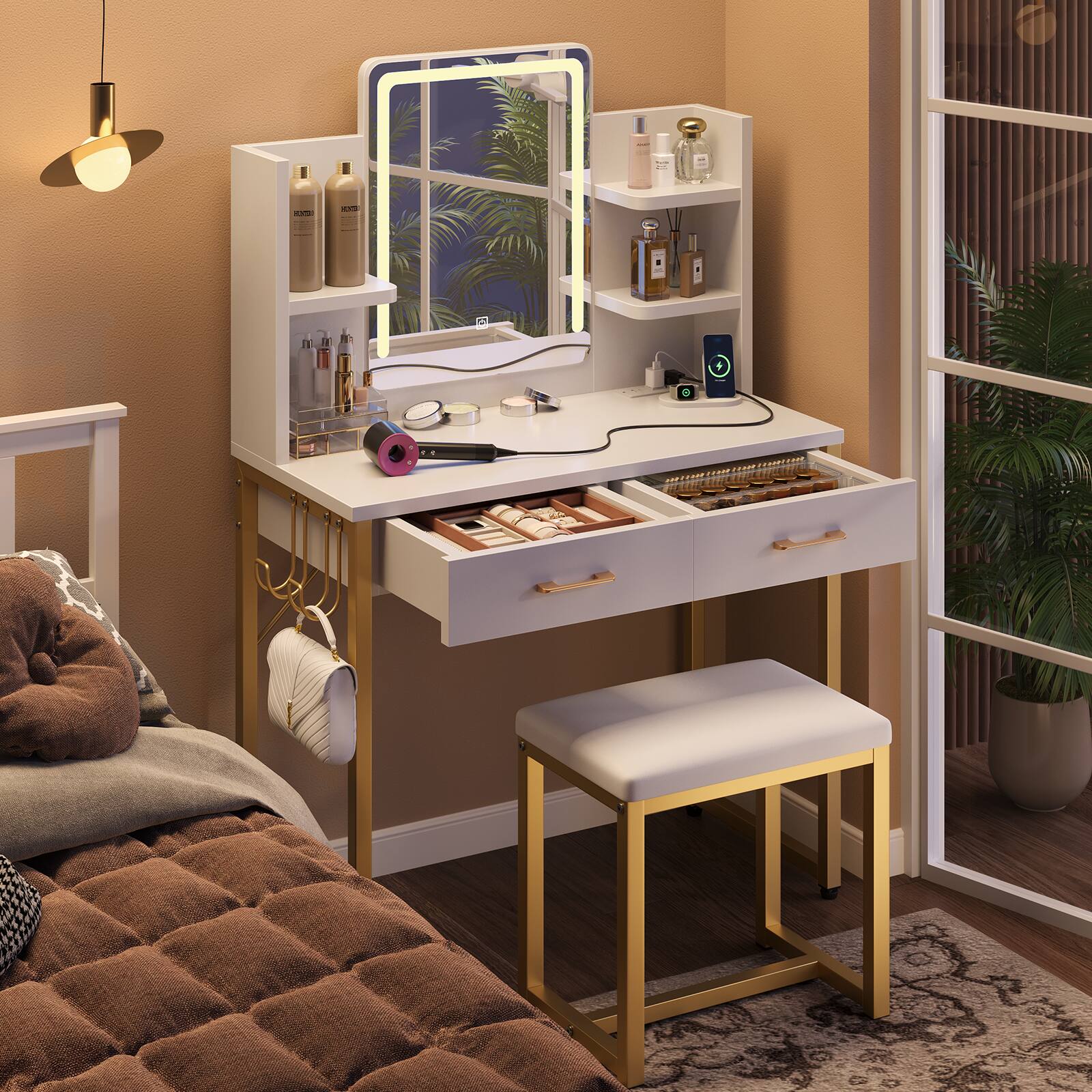 Alt View 1. Bestier - 31.3-in W White Makeup Vanity with LED Mirror, Storage Drawers, Power Outlet and PU Leather Cushion Stool - White.
