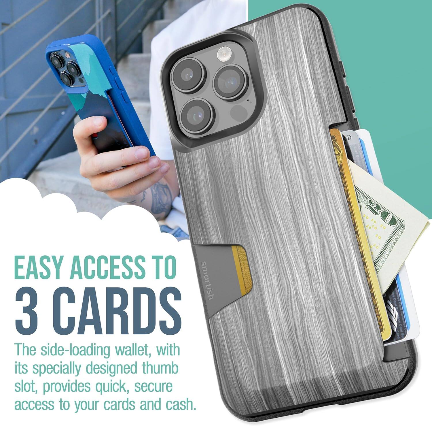 EASY ACCESS TO 3 CARDS

The side-loading wallet, with its specially designed thumb slot, provides quick, secure access to your cards and cash.
