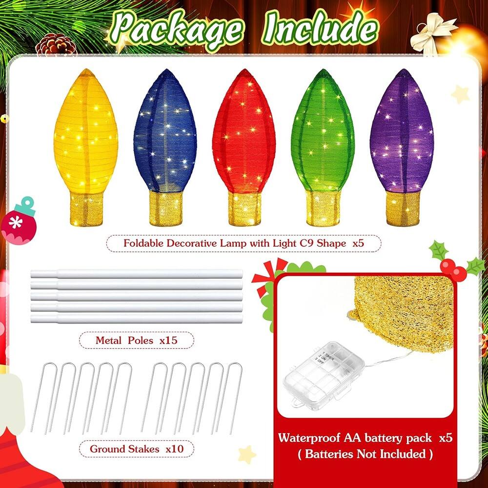 Package Include

- Foldable Decorative Lamp with Light C9 Shape x5
- Metal Poles x15
- Ground Stakes x10
- Waterproof AA battery pack x5 (Batteries Not Included)