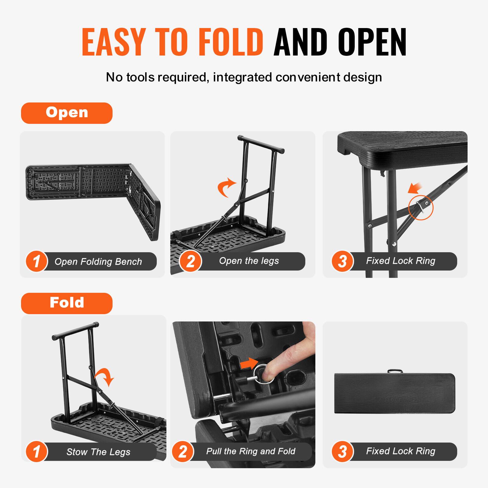 **EASY TO FOLD AND OPEN**

No tools required, integrated convenient design

**Open**

1. Open Folding Bench
2. Open the legs
3. Fixed Lock Ring

**Fold**

1. Stow The Legs
2. Pull the Ring and Fold
3. Fixed Lock Ring