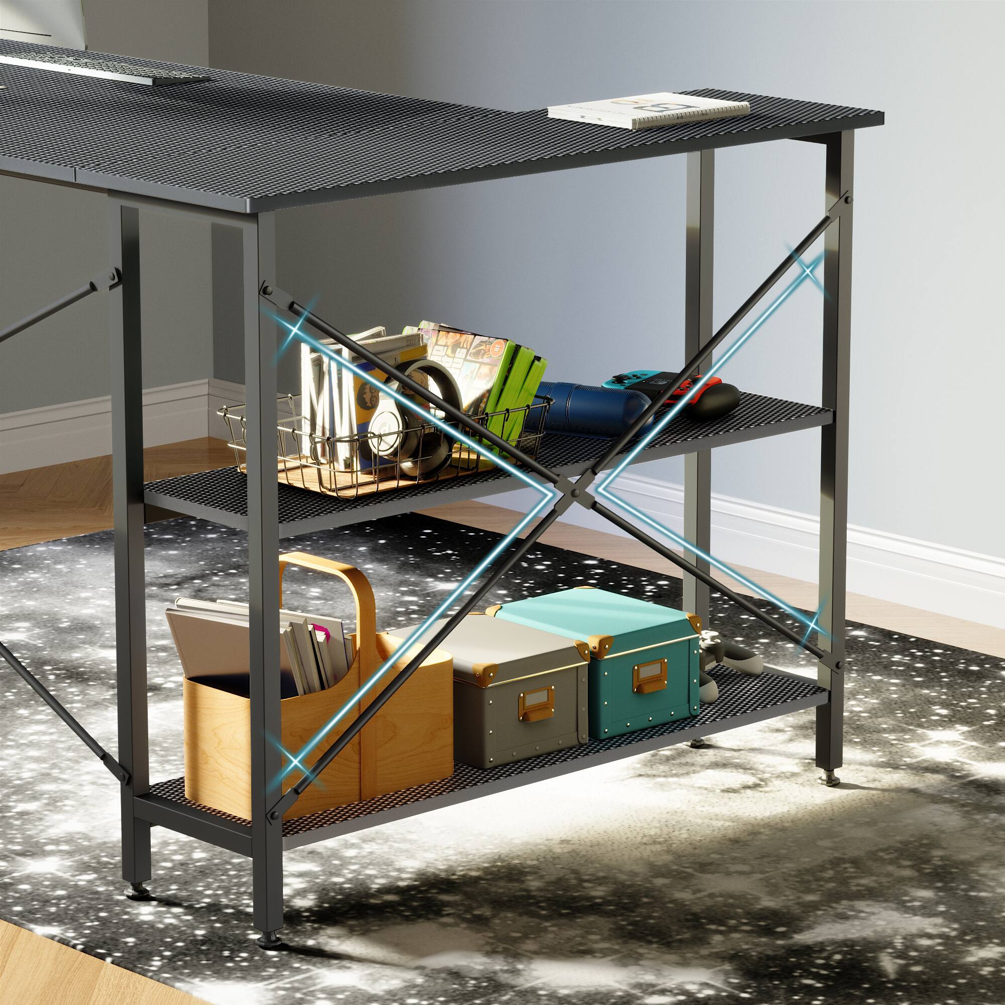 Angle. Bestier - L-Shaped Computer Desk with Storage Shelves - Black.