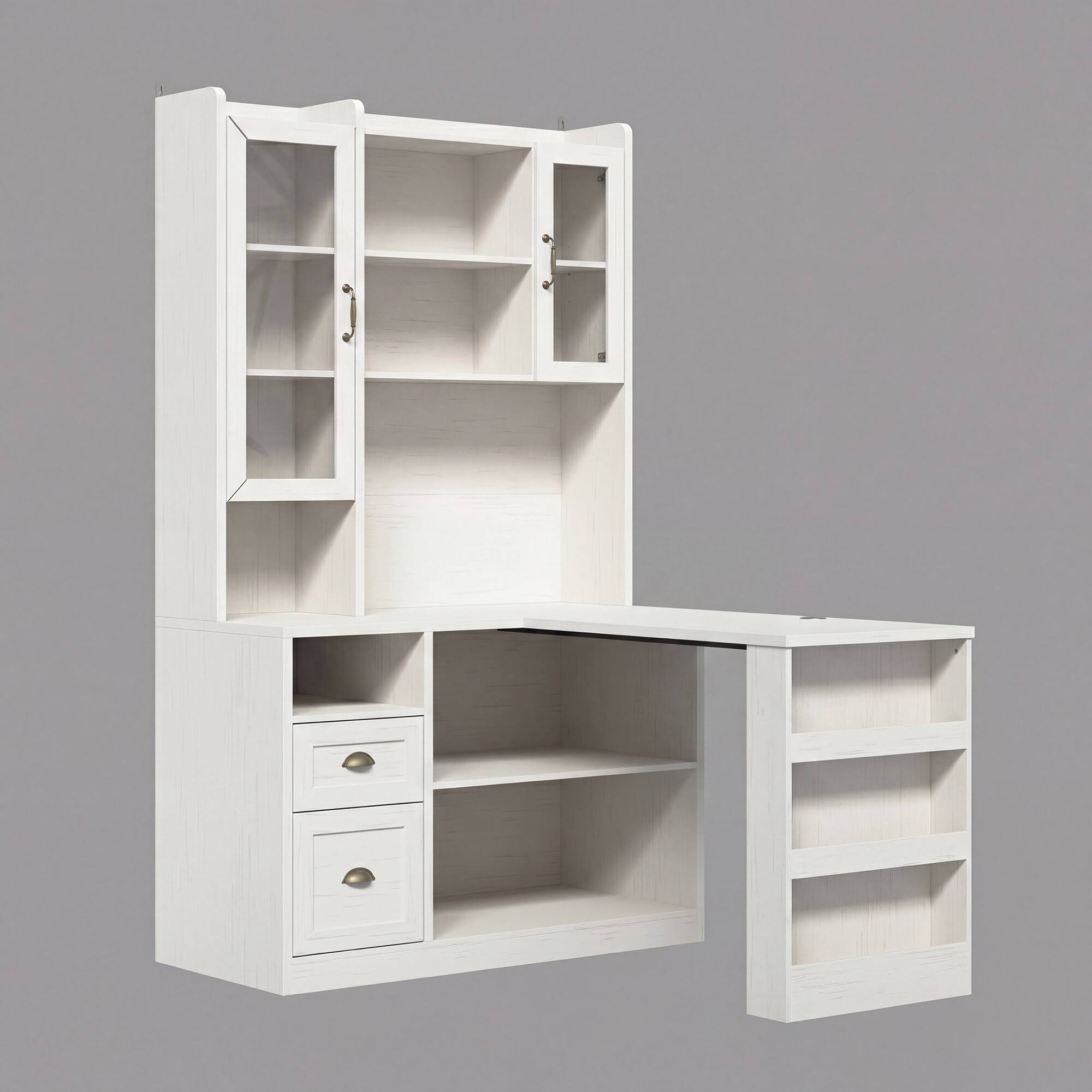 Alt View 6. Famapy - Study Desk with Tall Storage Cabinet – White Vintage Student Writing Table with Drawers & Bookshelf for Bedroom, Dorm - White.