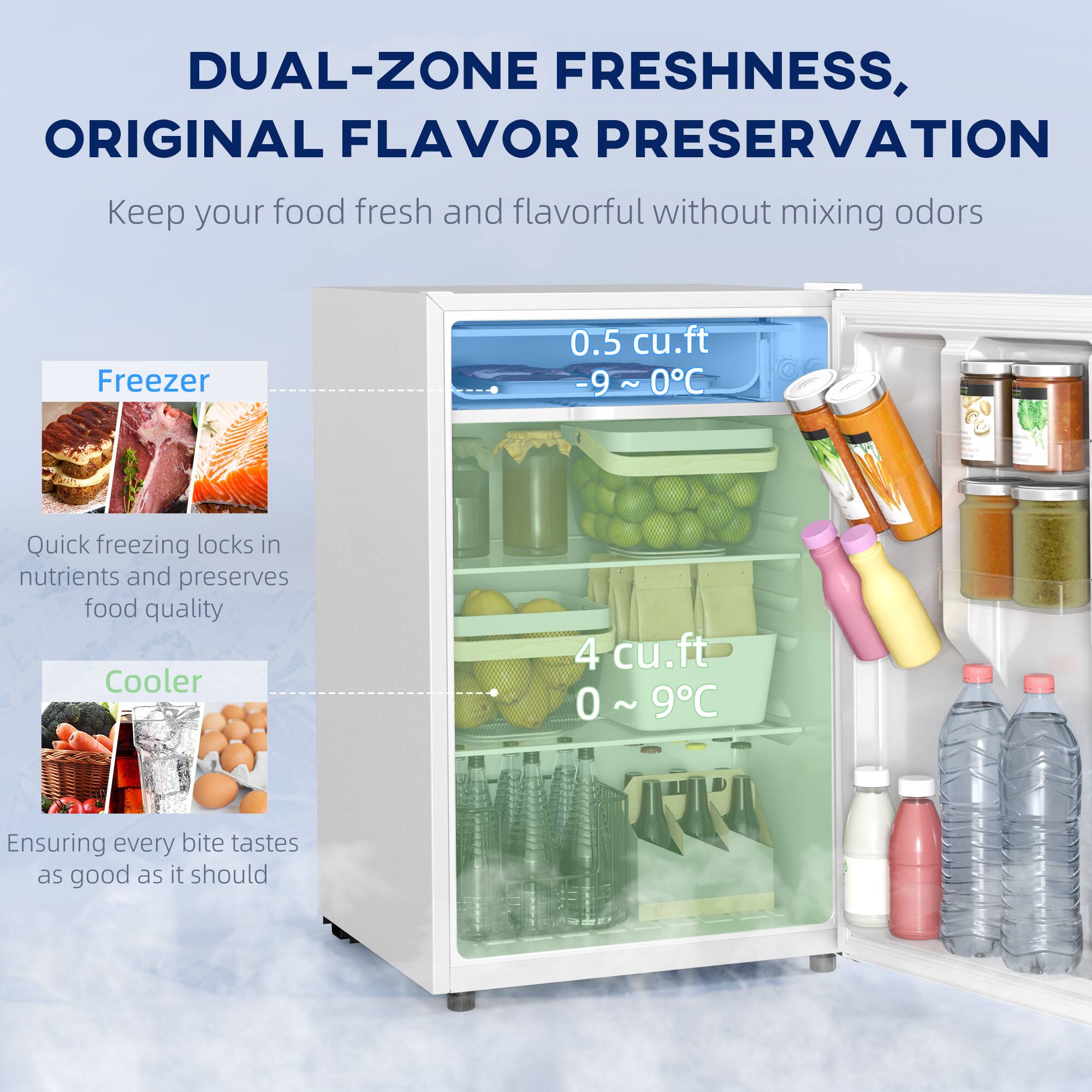 DUAL-ZONE FRESHNESS, ORIGINAL FLAVOR PRESERVATION

Keep your food fresh and flavorful without mixing odors

Freezer 0.5 cu.ft -9 ~ 0C
Quick freezing locks in nutrients and preserves food quality

Cooler 4 cu.ft 0 ~9C
Ensuring every bite tastes as good as it should