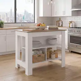 Loheer - Kitchen Island with Storage Cabinet - White and Natural Oak