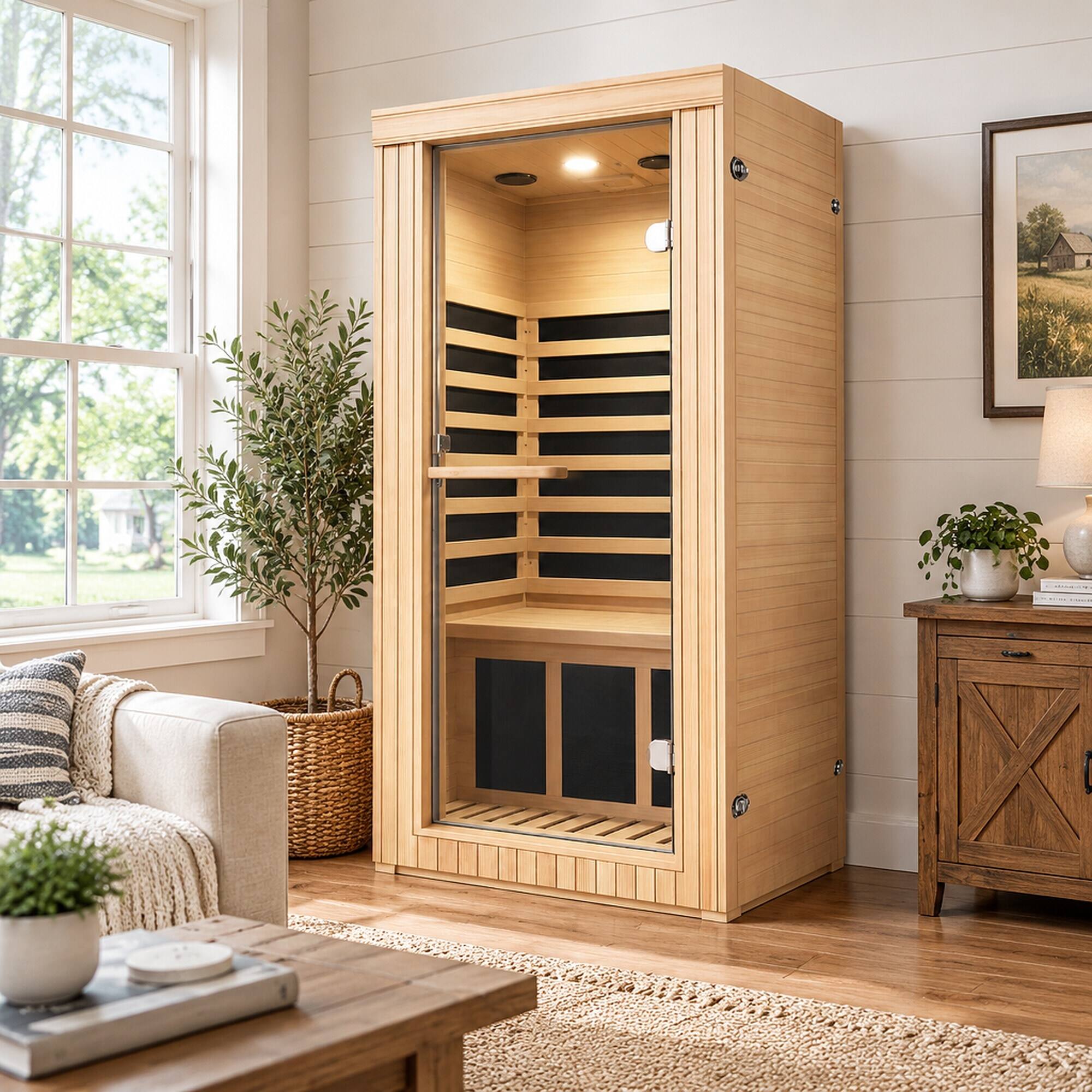 Alt View 1. RYHNUYNE - 1020W Canadian Hemlock Mini Far Infrared Sauna, Single Seat, 73 cm x 63 cm x 150 cm Interior, Epoxy Heating Board - Ameican White Oak.