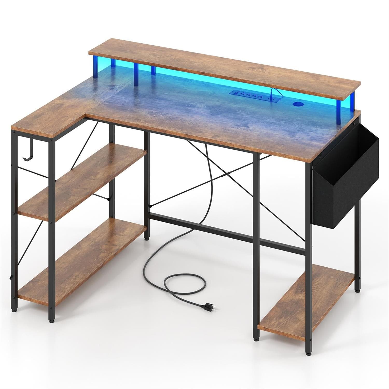 Pefilos - L-Shaped Gaming Desk - RGB LED Adjustable Brightness, with Power Outlets & LED Lights, Rustic - Brown