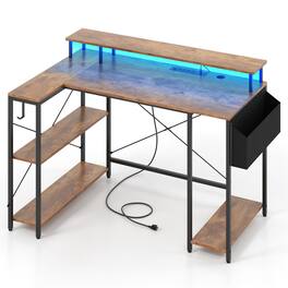 Pefilos - L-Shaped Gaming Desk - RGB LED Adjustable Brightness, with Power Outlets & LED Lights, Rustic - Brown