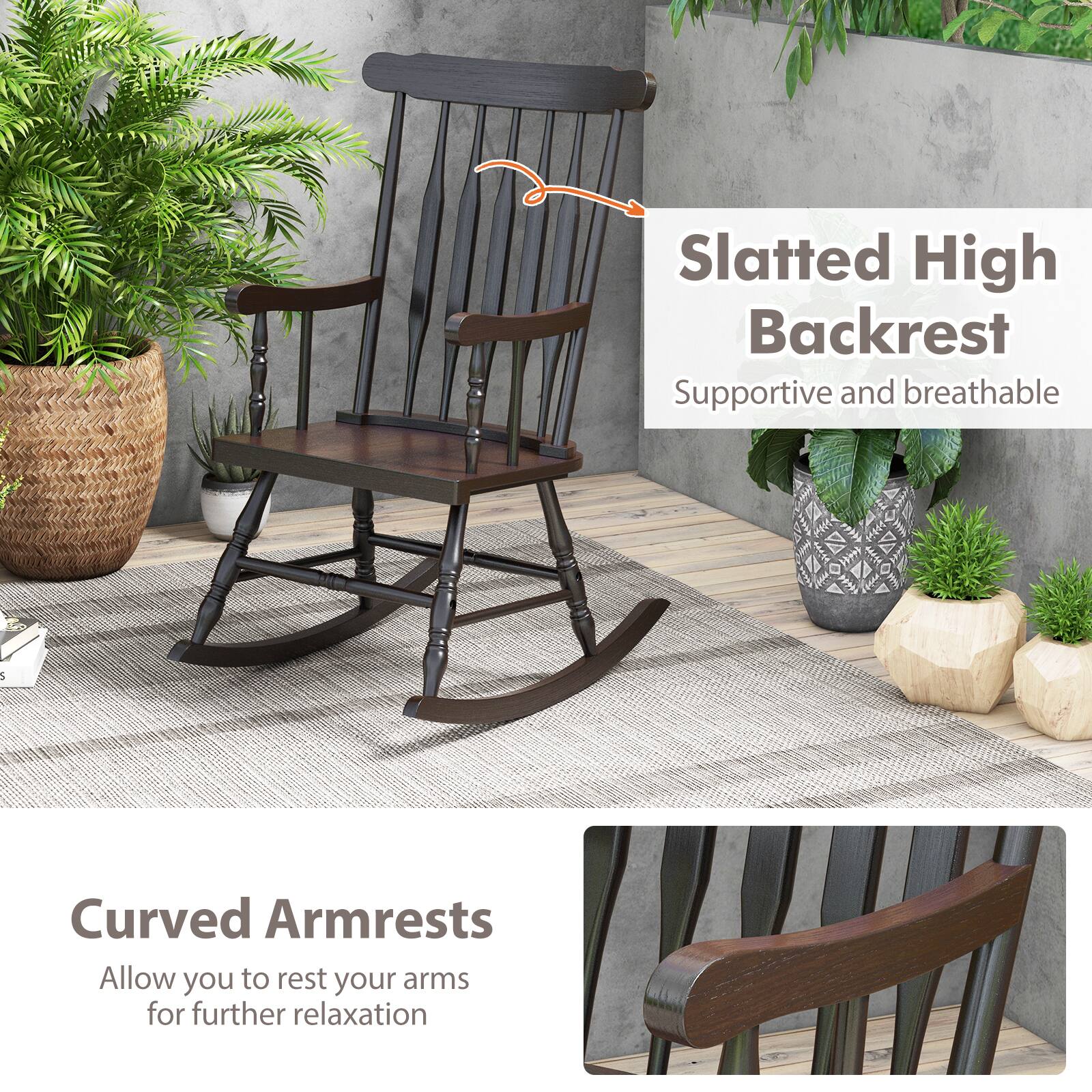 Slatted High Backrest  
Supportive and breathable  

Curved Armrests  
Allow you to rest your arms for further relaxation
