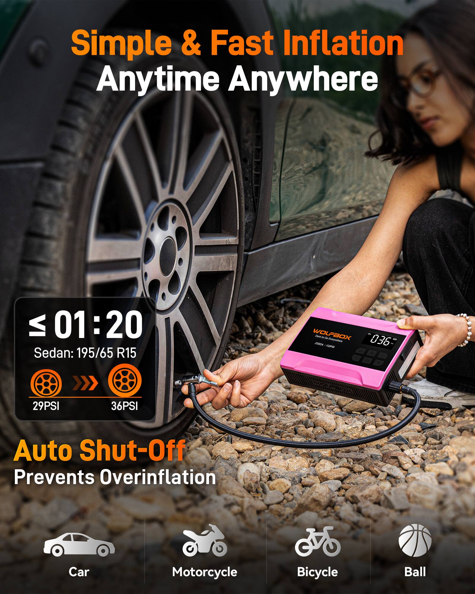Simple & Fast Inflation Anytime Anywhere

≤ 01:20
Sedan: 195/65 R15
29PSI 36PSI

Auto Shut-Off Prevents Overinflation

Car Motorcycle Bicycle Ball