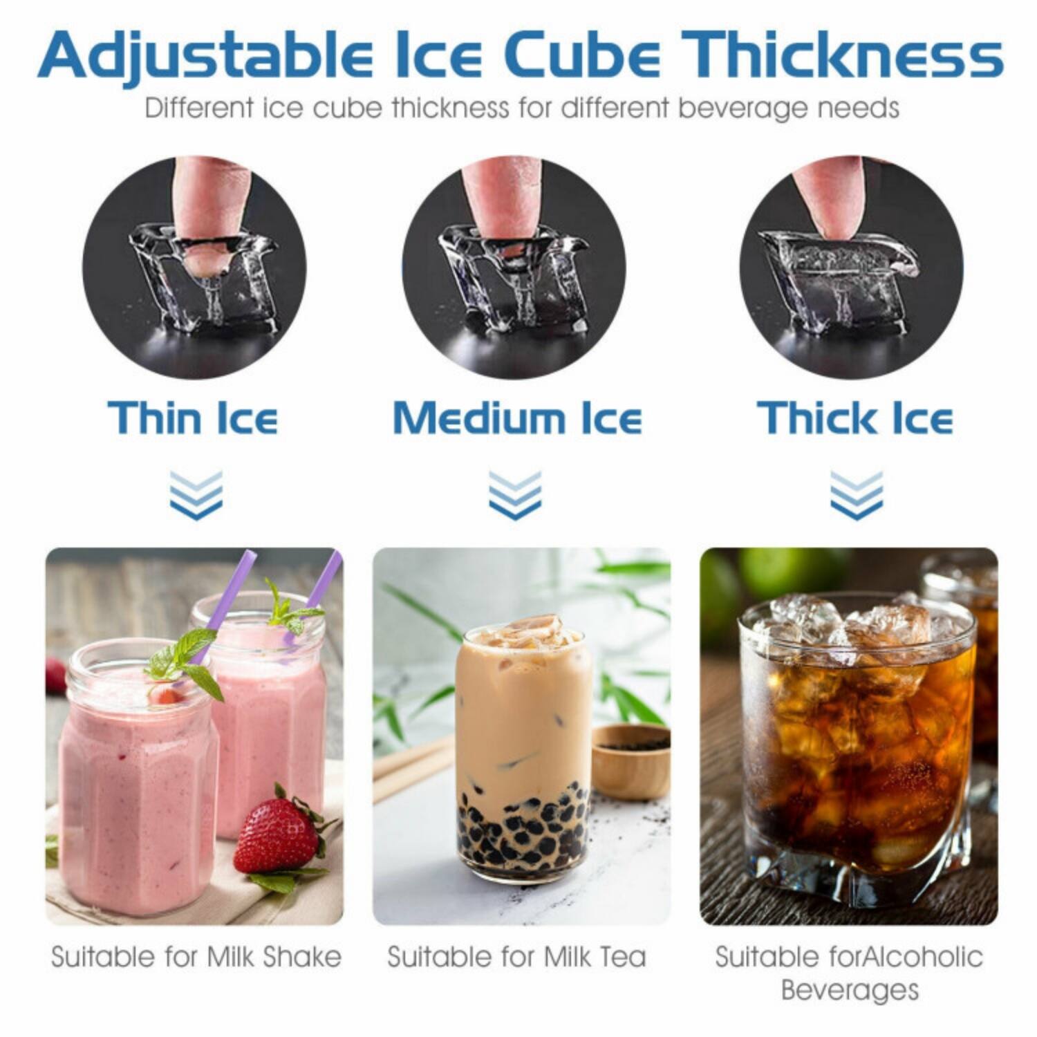 Adjustable Ice Cube Thickness  
Different ice cube thickness for different beverage needs  

Thin Ice  
Medium Ice  
Thick Ice  

Suitable for Milk Shake  
Suitable for Milk Tea  
Suitable for Alcoholic Beverages