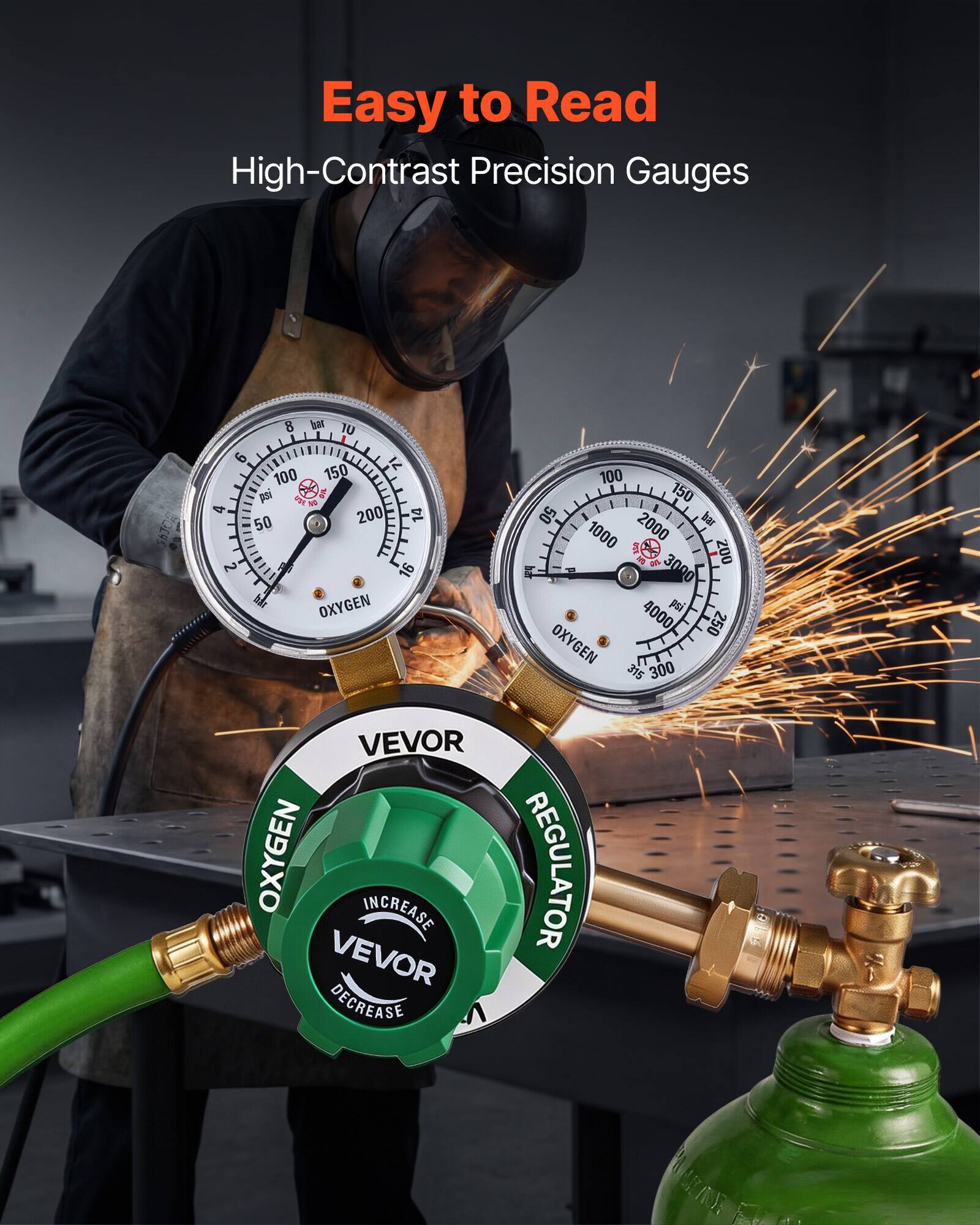 Easy to Read  
High-Contrast Precision Gauges  

8 6 10 150 100 50 200 14 2 16  
OXYGEN 100 150 50 - 1000 2000 200 - 3000 4000 psi  
250 OXYGEN 315 300  

VEVOR  
OXYGEN INCREASE  
VEVOR DECREASE  
REGULATOR