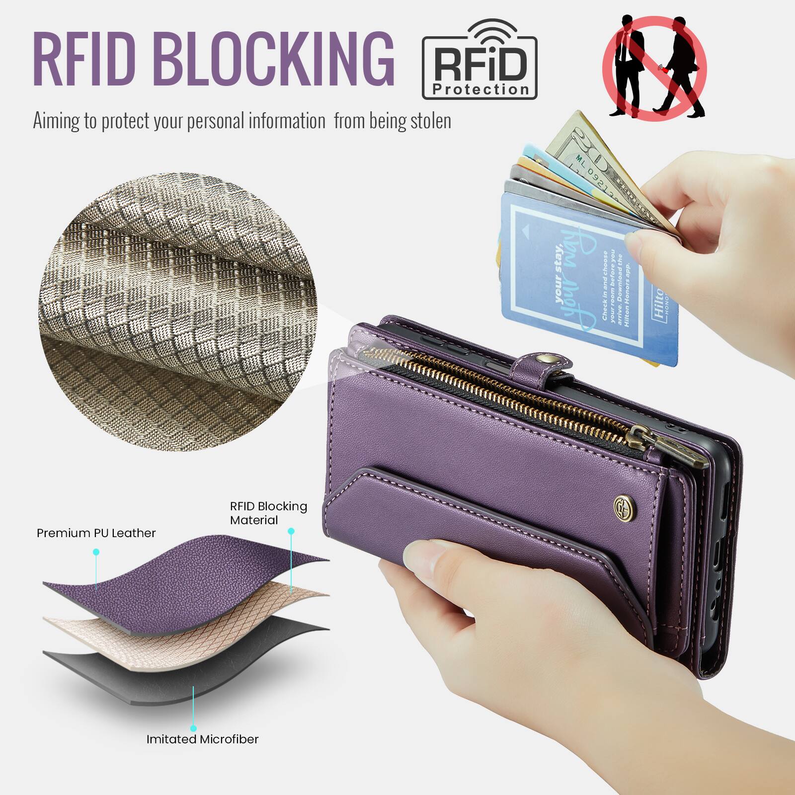 RFID BLOCKING  
Aiming to protect your personal information from being stolen  

RFiD Protection  

Premium PU Leather RFID Blocking Material  
Imitated Microfiber