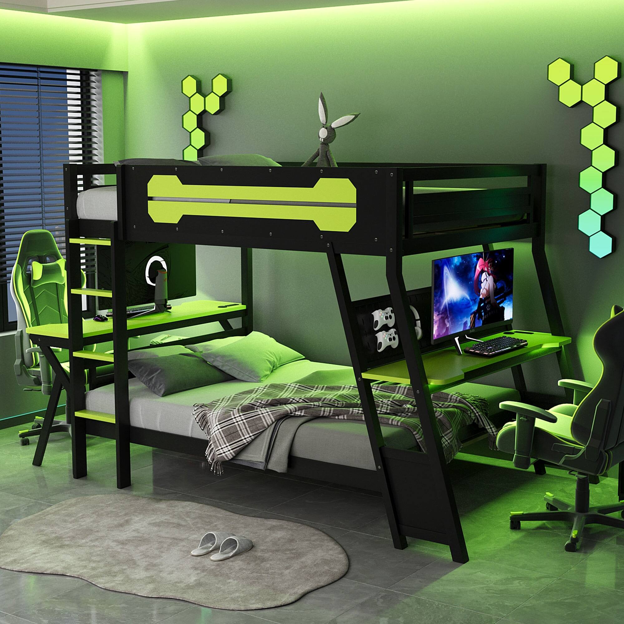 Angle. Anysun - Full Size Bunk Bed with Two Built-In Gaming Desks, USB Desktop Ports & Pegboard Organizer, Gaming Bunk Frame for Gamer - Green.