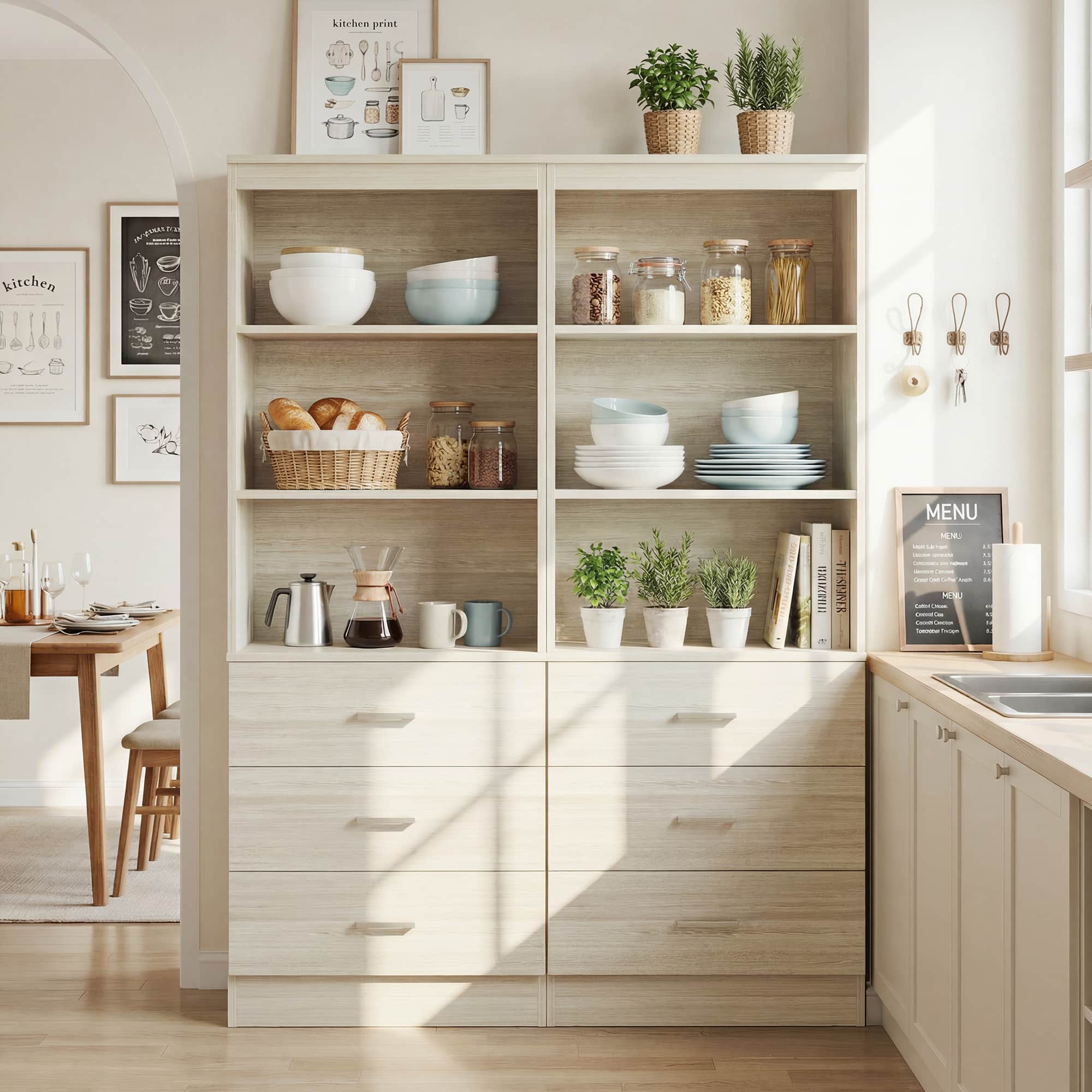 Aheaplus - 71'' Tall Pantry Cabinet, Freestanding Kitchen Storage Cabinet with 3 Drawers and Shelves, 2 Pack - Beige Oak